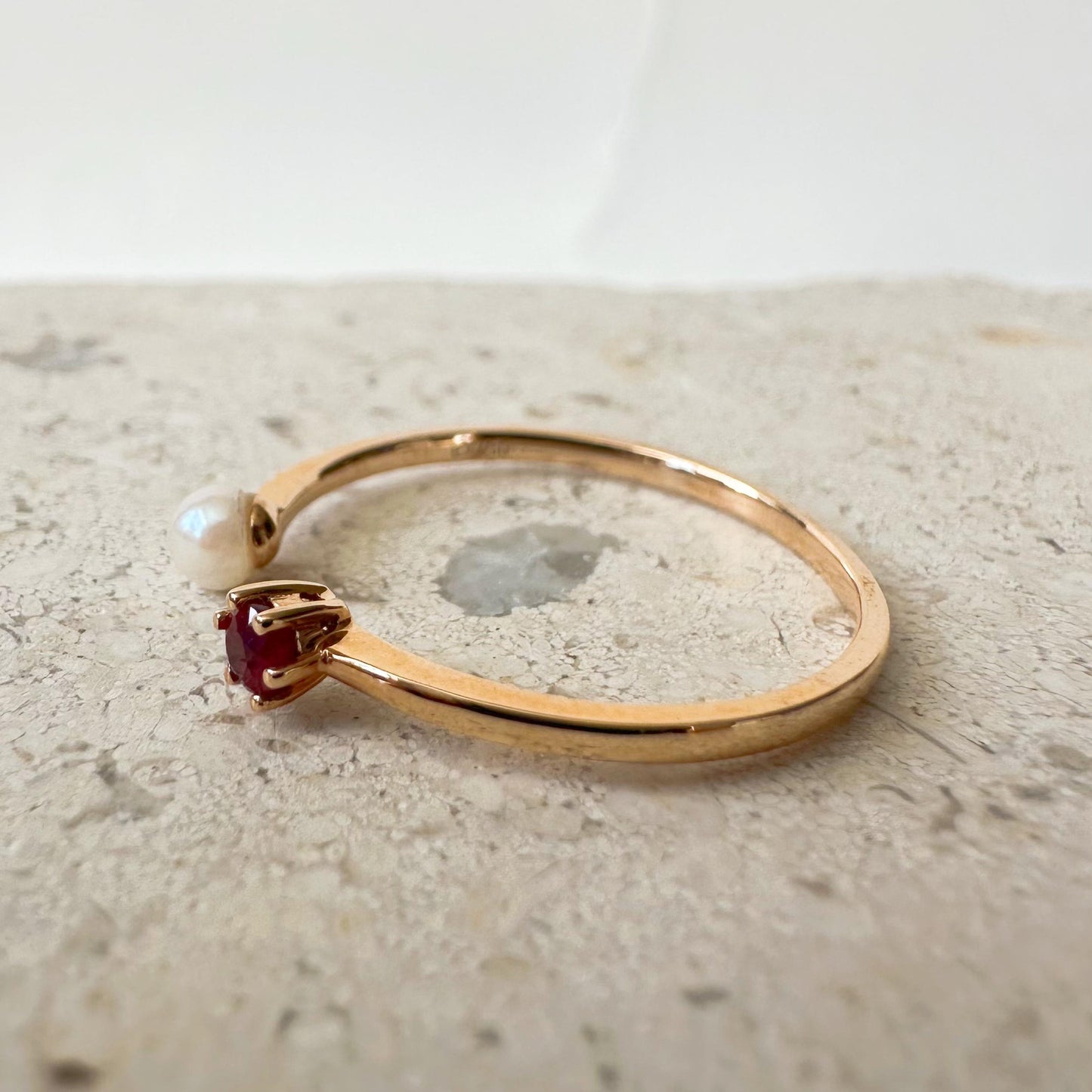 18K Solid Rose Gold Genuine Ruby and Pearl Ring