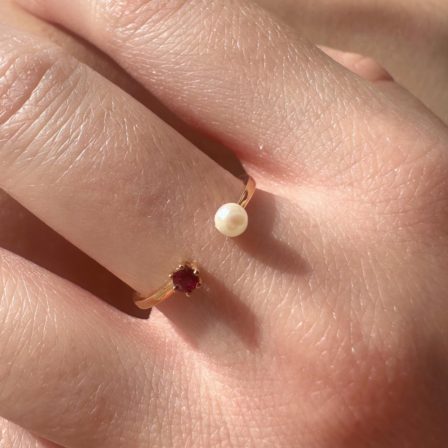 18K Solid Rose Gold Genuine Ruby and Pearl Ring