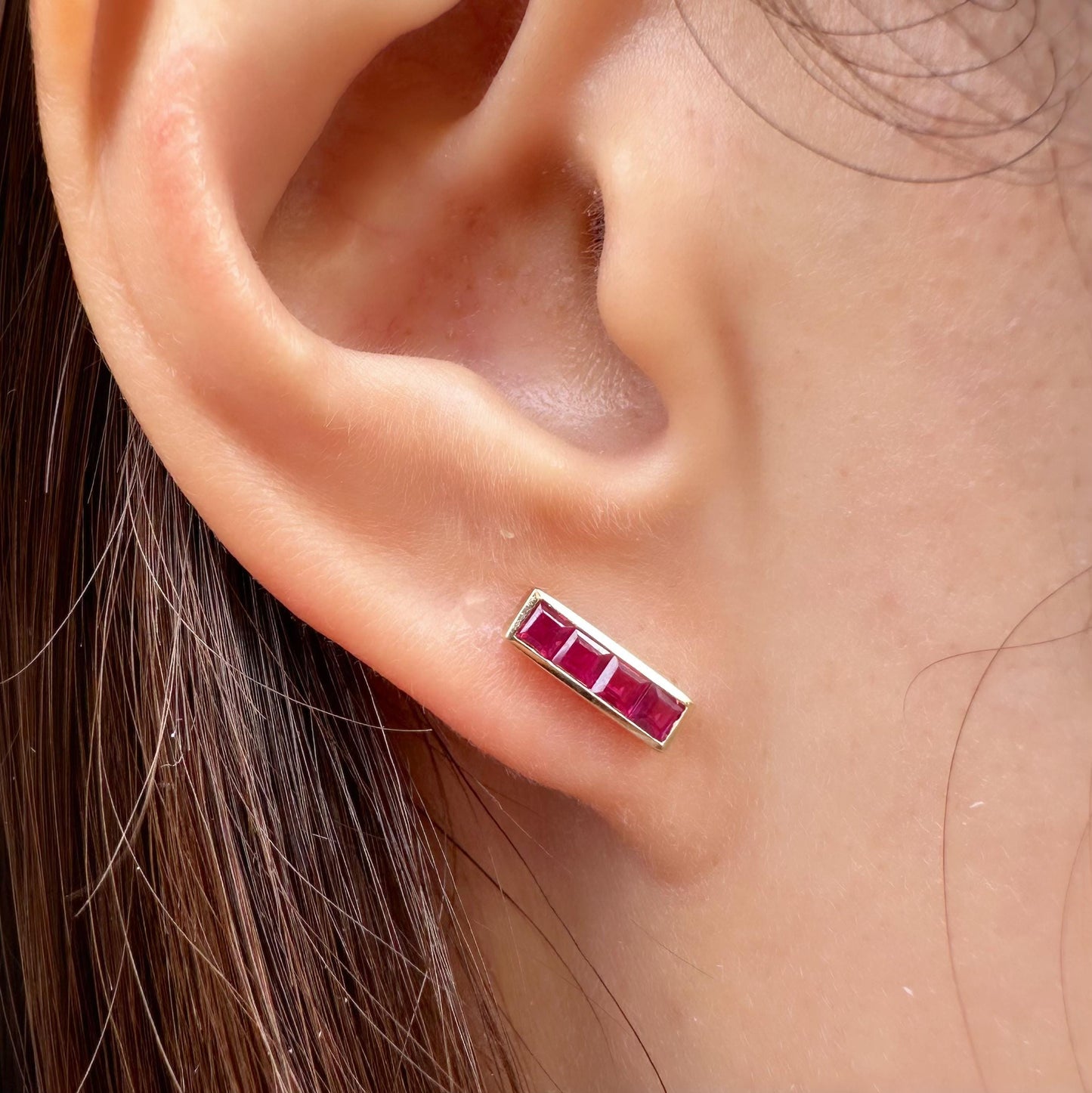 14K Solid Gold Genuine Ruby Bezel Bar Studs/Pair
