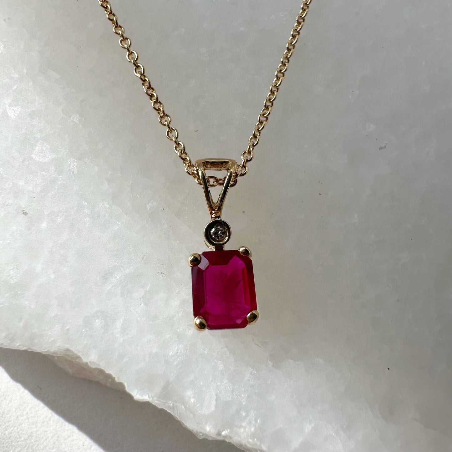 14K Solid Gold Genuine Octagon Ruby and Bezel Diamond Pendant