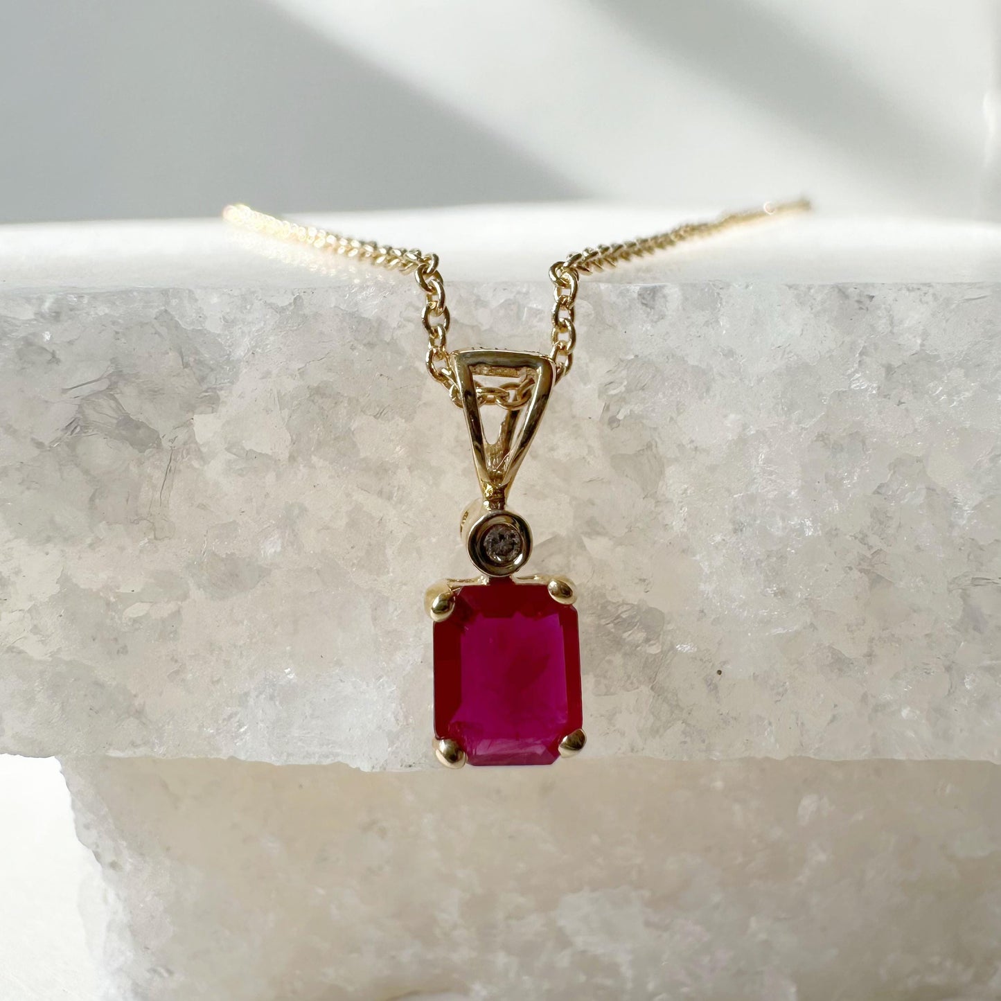 14K Solid Gold Genuine Octagon Ruby and Bezel Diamond Pendant