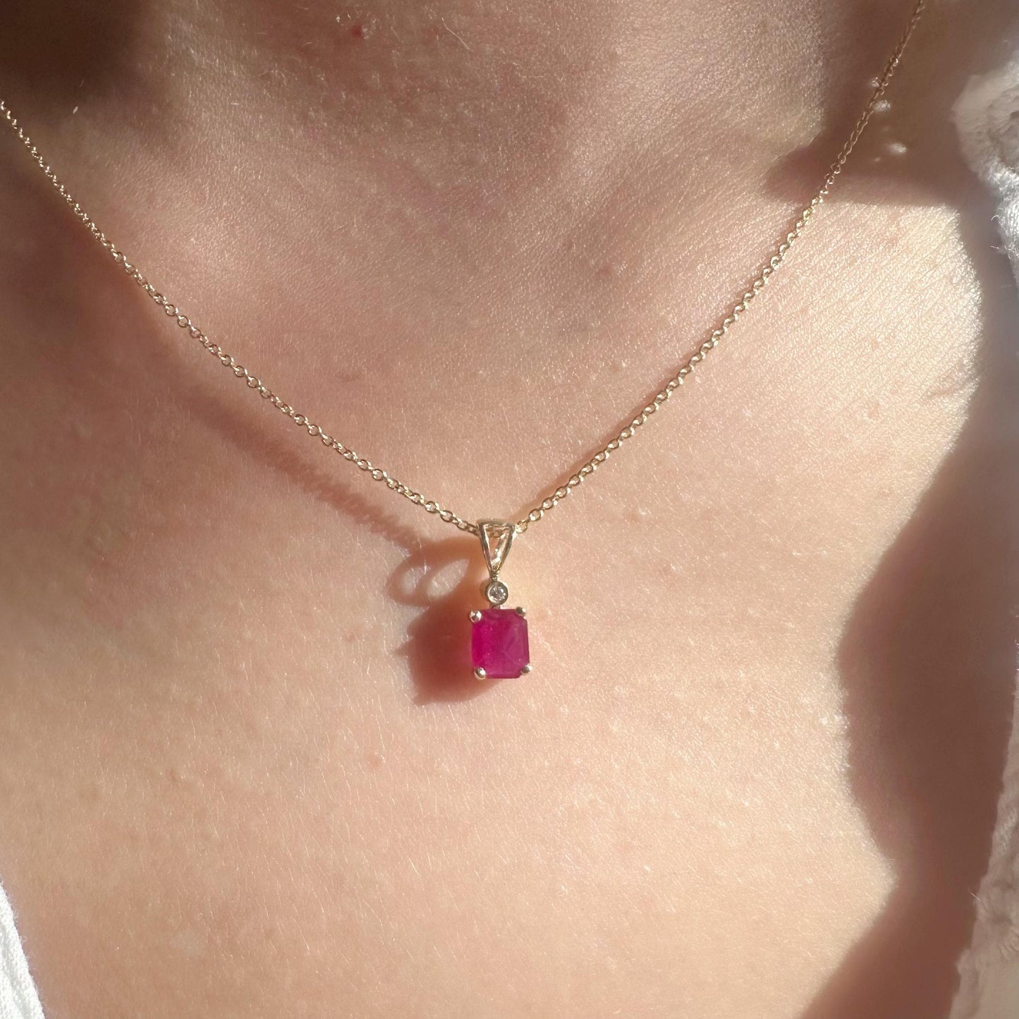14K Solid Gold Genuine Octagon Ruby and Bezel Diamond Pendant