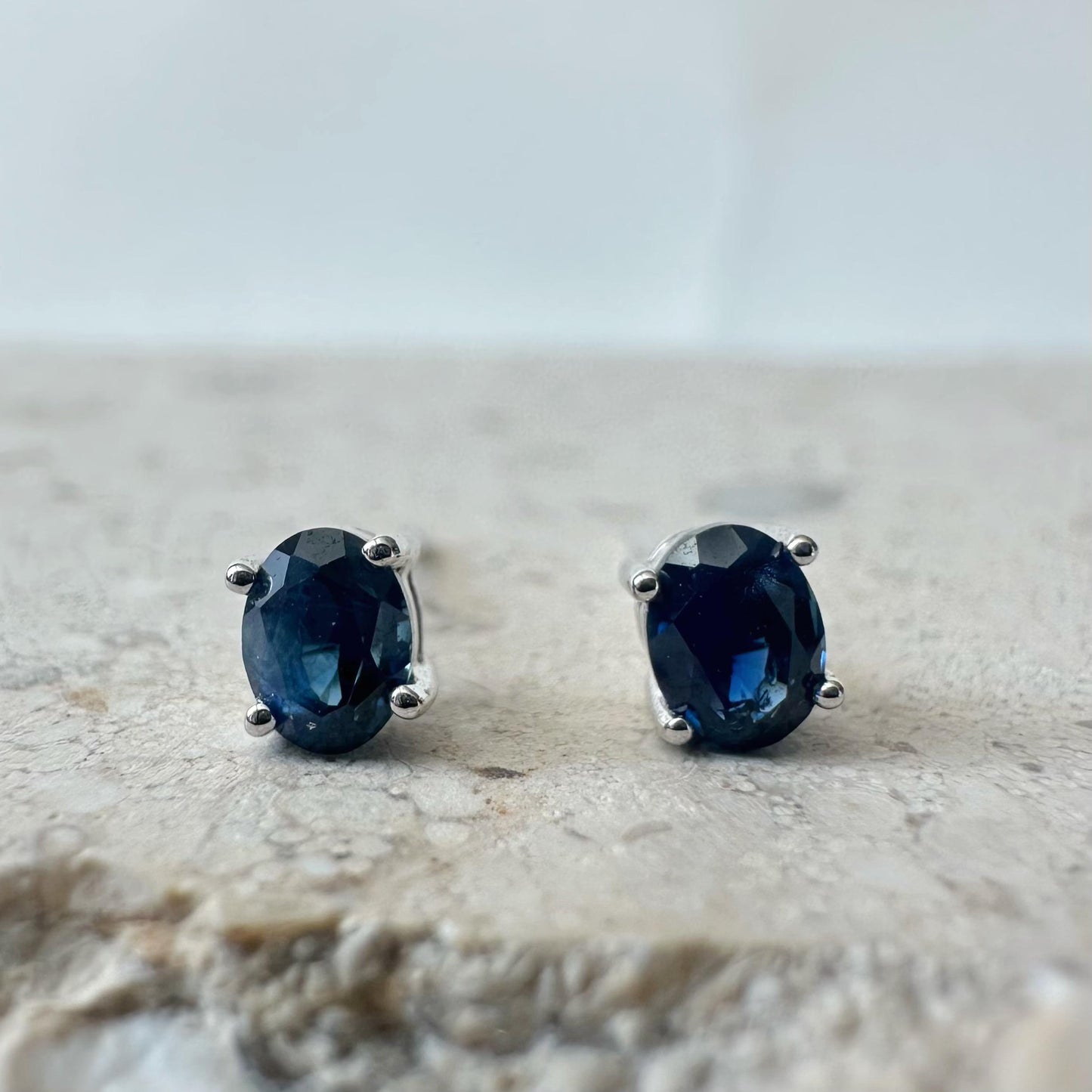 14K Solid White Gold Genuine Oval Sapphire Studs/Pair