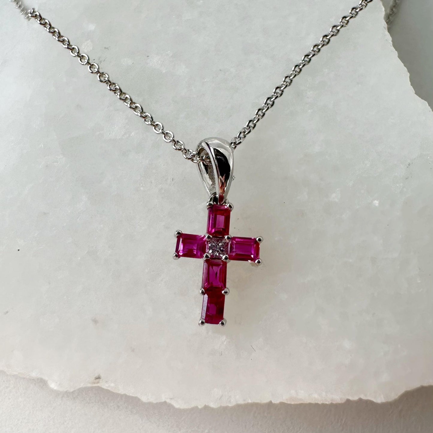 14K Solid White Gold Genuine Baguette Ruby and Diamond Cross Pendant