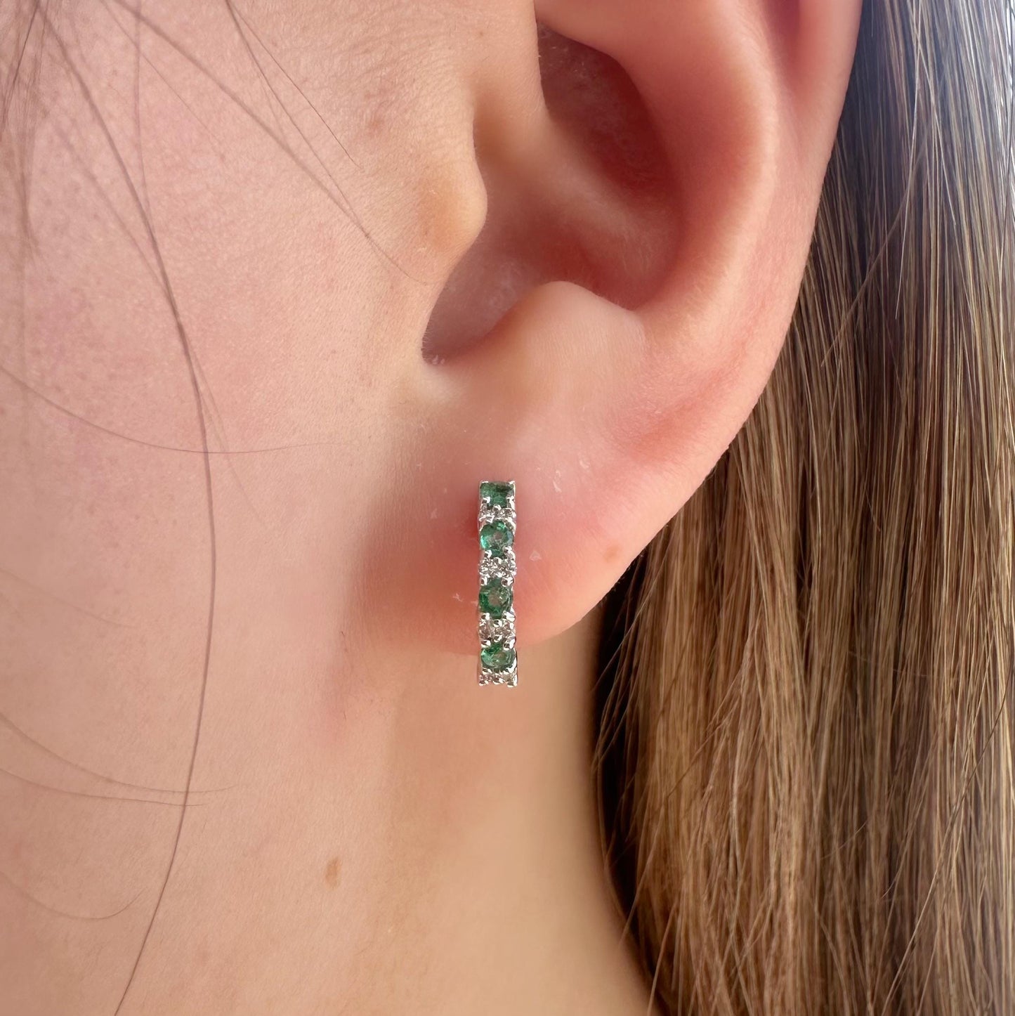 18K Solid White Gold Genuine Emerald and Diamond Hoops