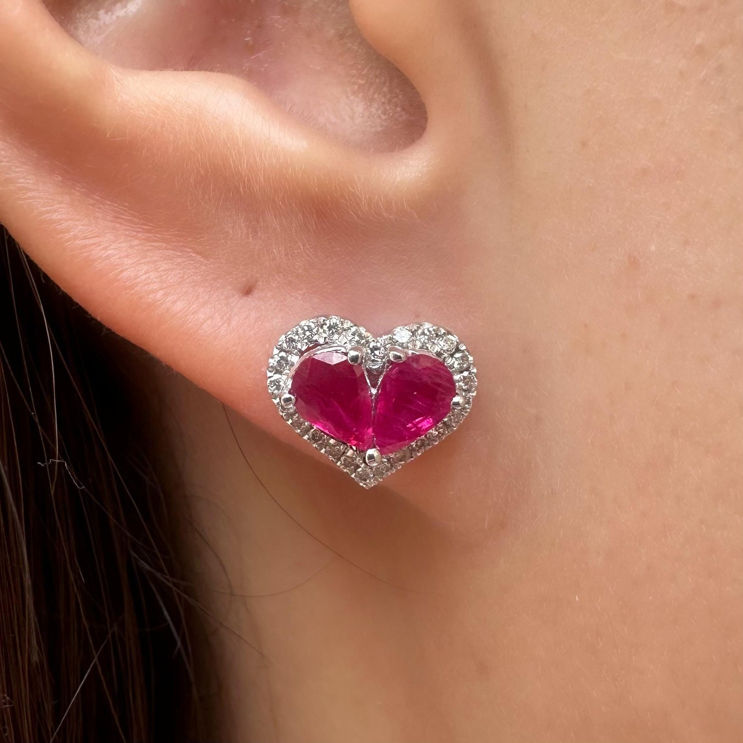 14K Solid White Gold Teardrop Ruby and Diamond Heart Earrings