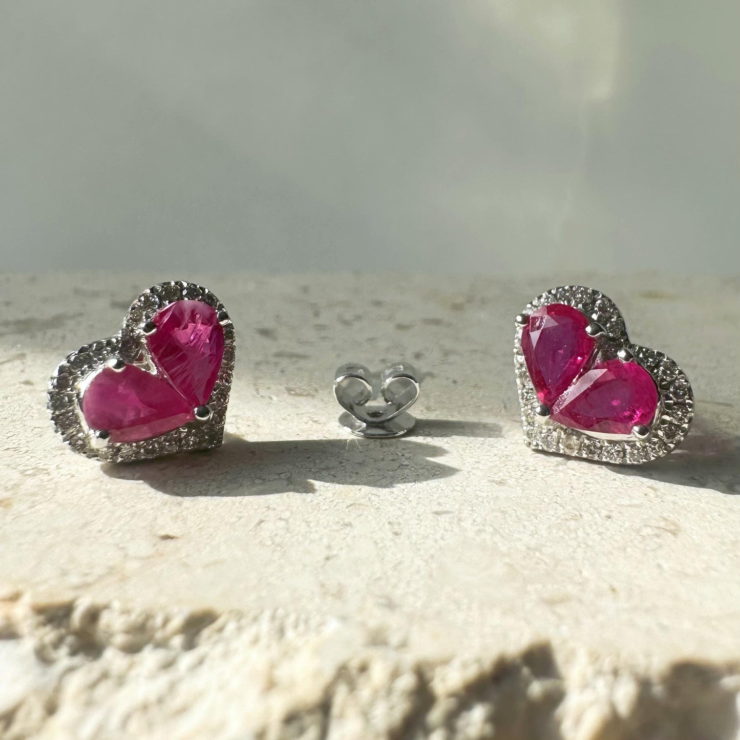 14K Solid White Gold Teardrop Ruby and Diamond Heart Earrings