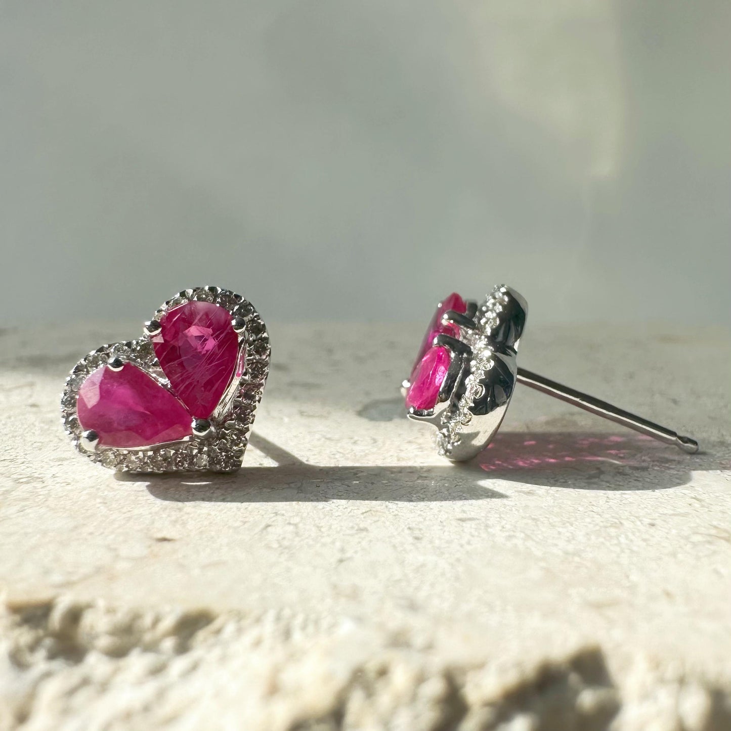 14K Solid White Gold Teardrop Ruby and Diamond Heart Earrings