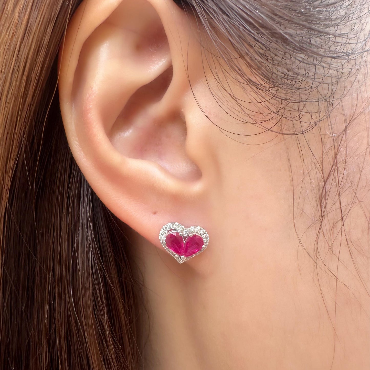 14K Solid White Gold Teardrop Ruby and Diamond Heart Earrings