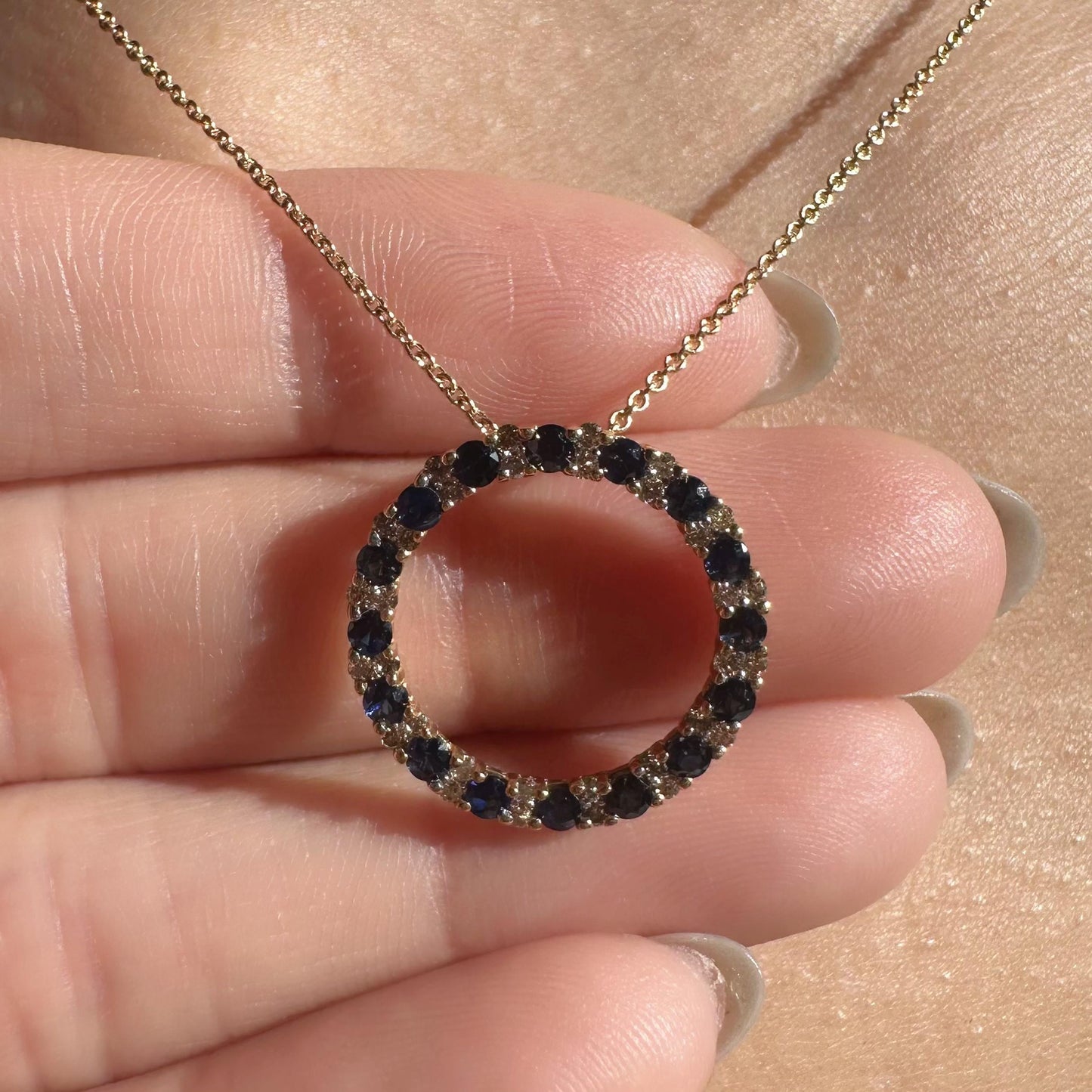 14K Solid Gold Genuine Sapphire and Diamond Circle Pendant