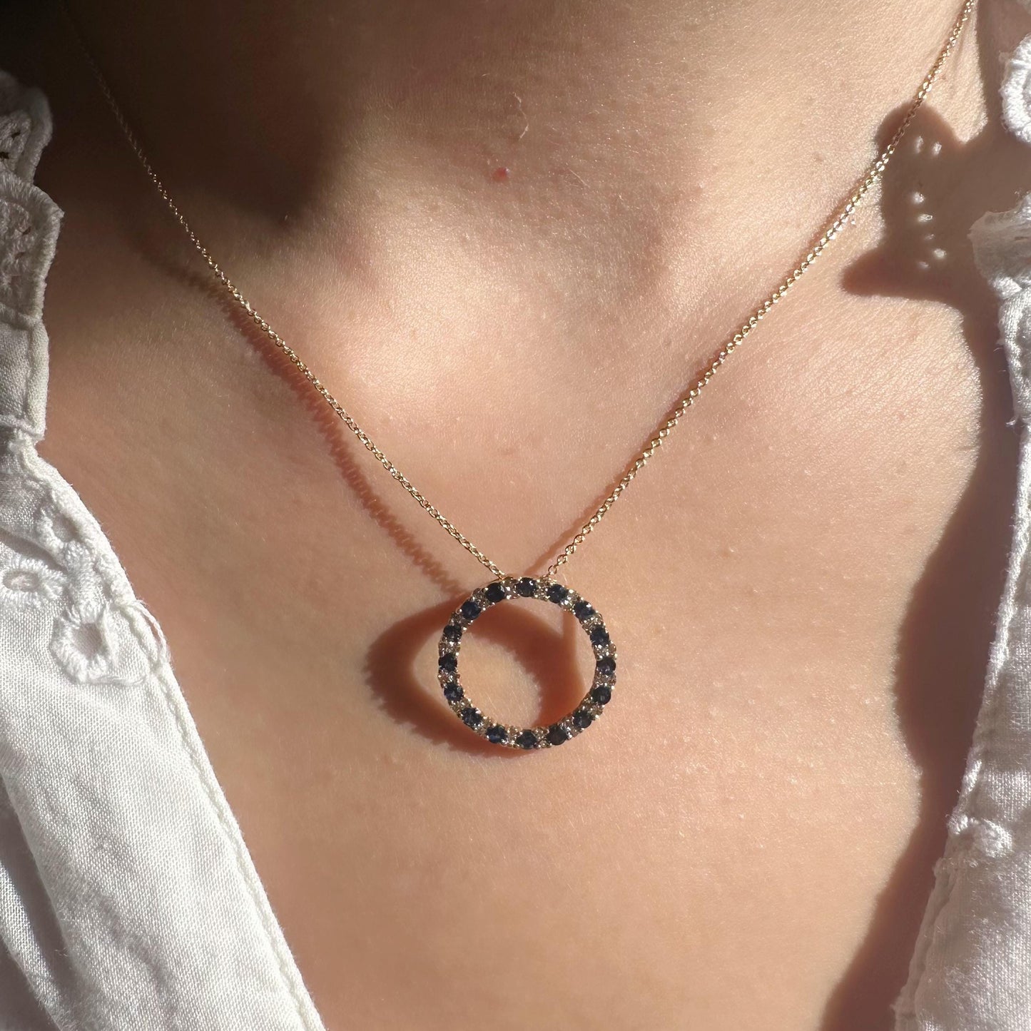 14K Solid Gold Genuine Sapphire and Diamond Circle Pendant