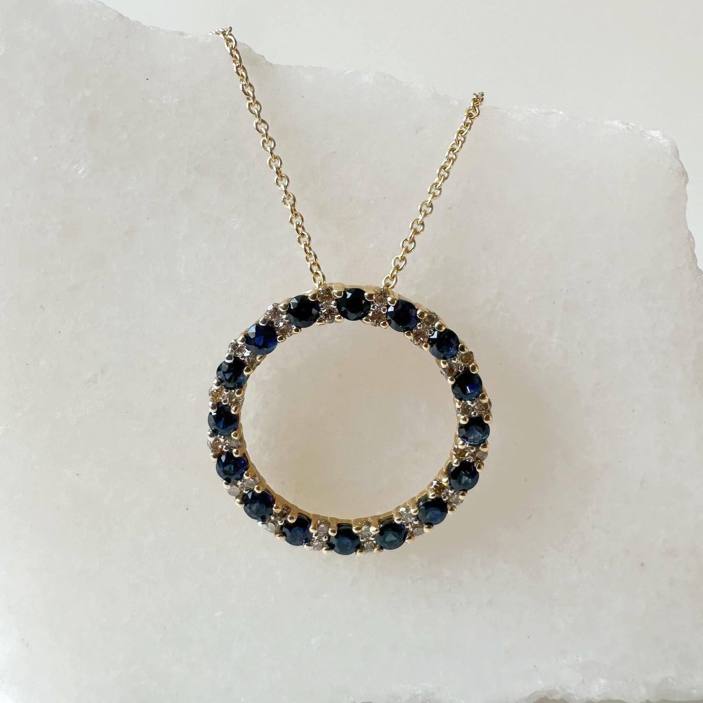 14K Solid Gold Genuine Sapphire and Diamond Circle Pendant