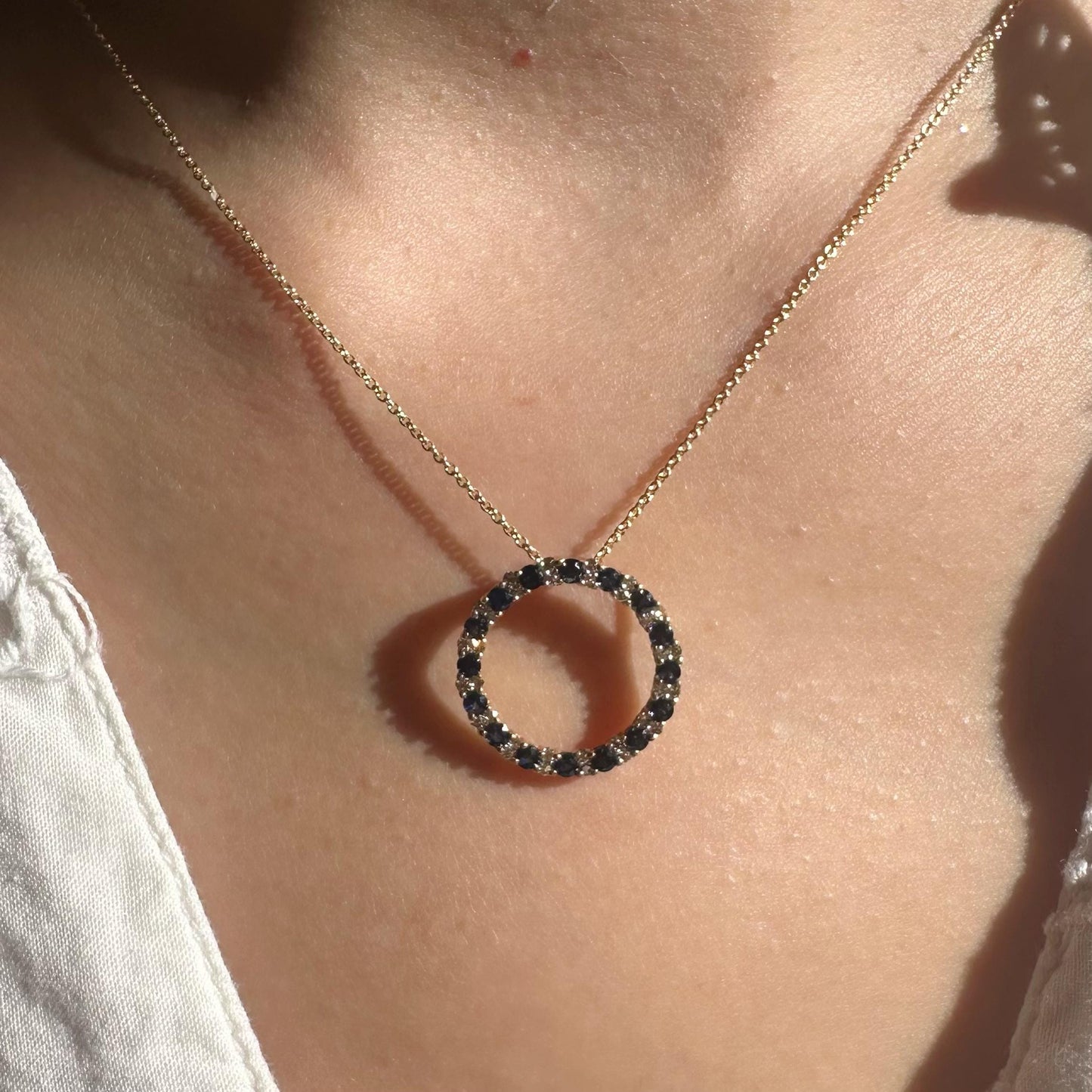 14K Solid Gold Genuine Sapphire and Diamond Circle Pendant