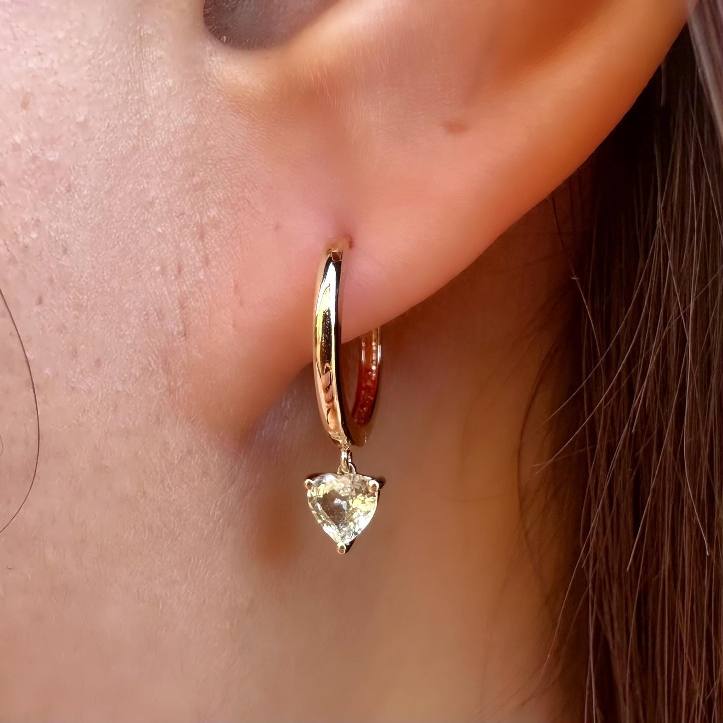 14K Solid Gold Genuine Green Sapphire Heart Huggies/Hoops/Pair