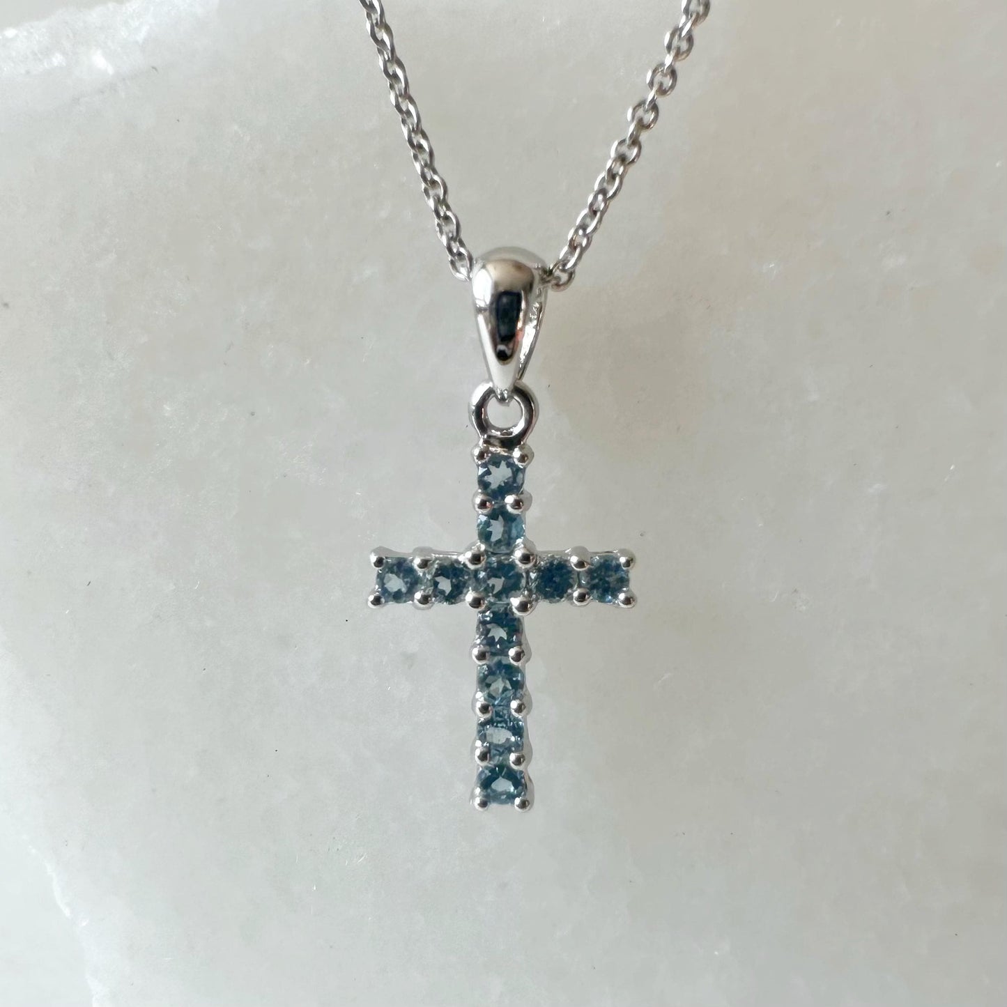 14K Solid Gold Genuine Blue Topaz Cross Pendant