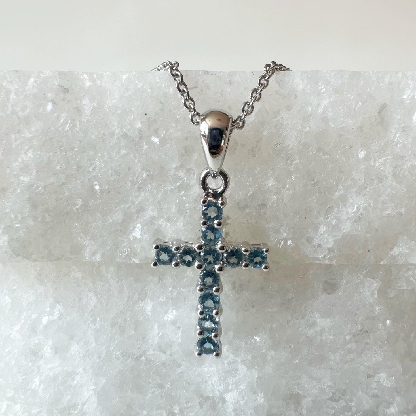 14K Solid Gold Genuine Blue Topaz Cross Pendant