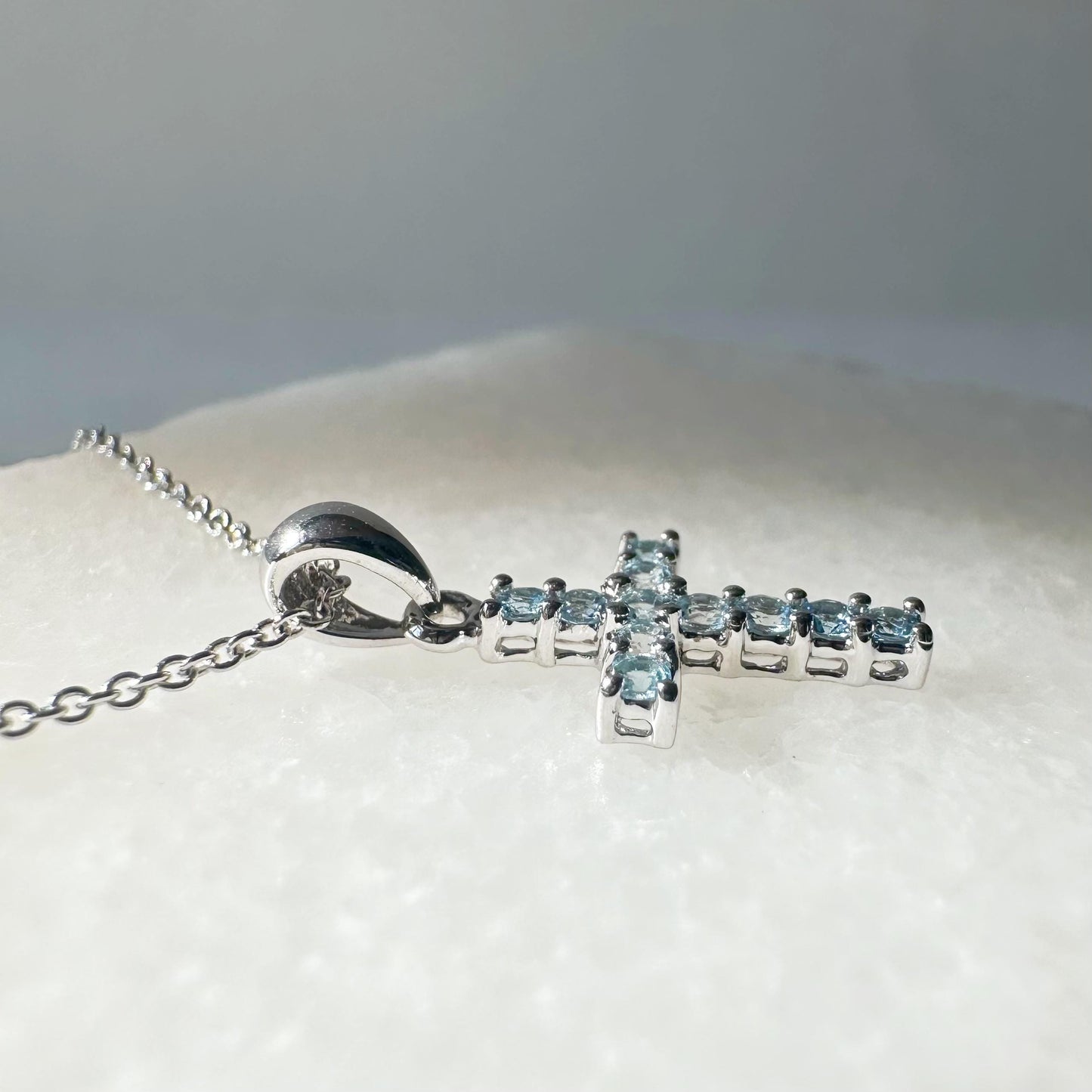 14K Solid Gold Genuine Blue Topaz Cross Pendant