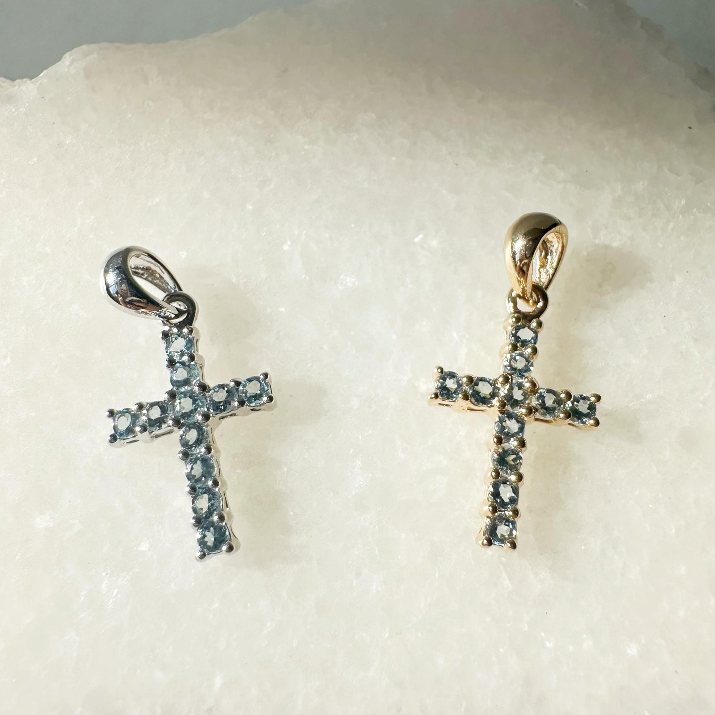 14K Solid Gold Genuine Blue Topaz Cross Pendant