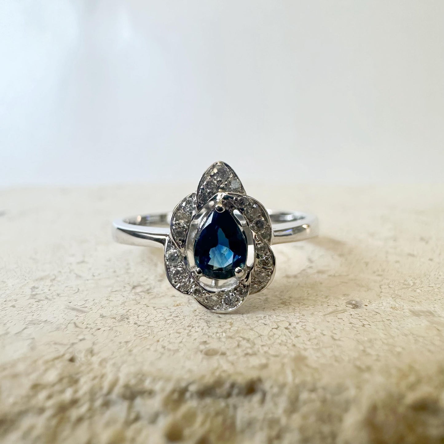 14K Solid Gold Genuine Teardrop Sapphire and Diamond Ring