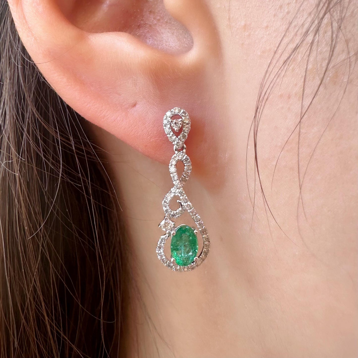 14K Solid White Gold Genuine Diamond and Emerald Dangle Earrings/Pair