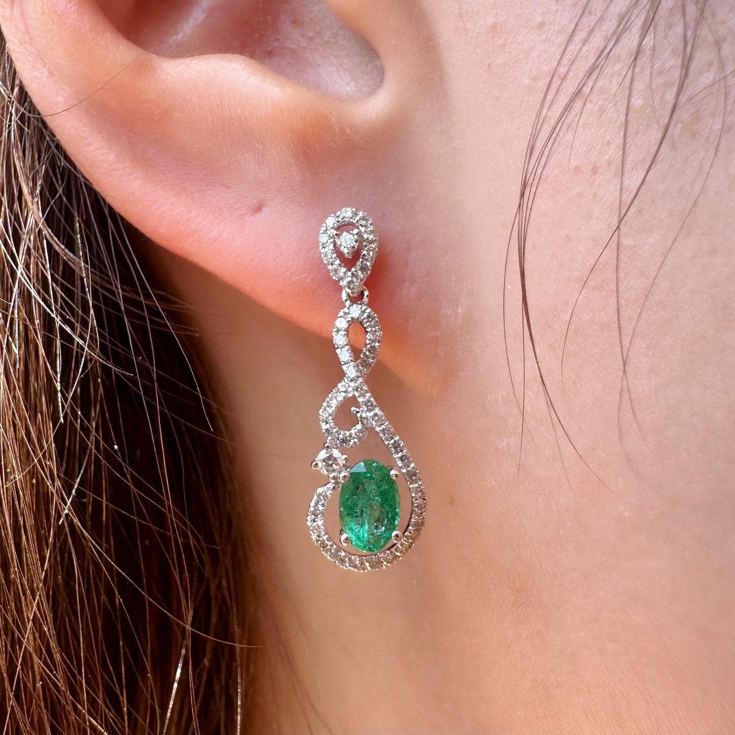 14K Solid White Gold Genuine Diamond and Emerald Dangle Earrings/Pair
