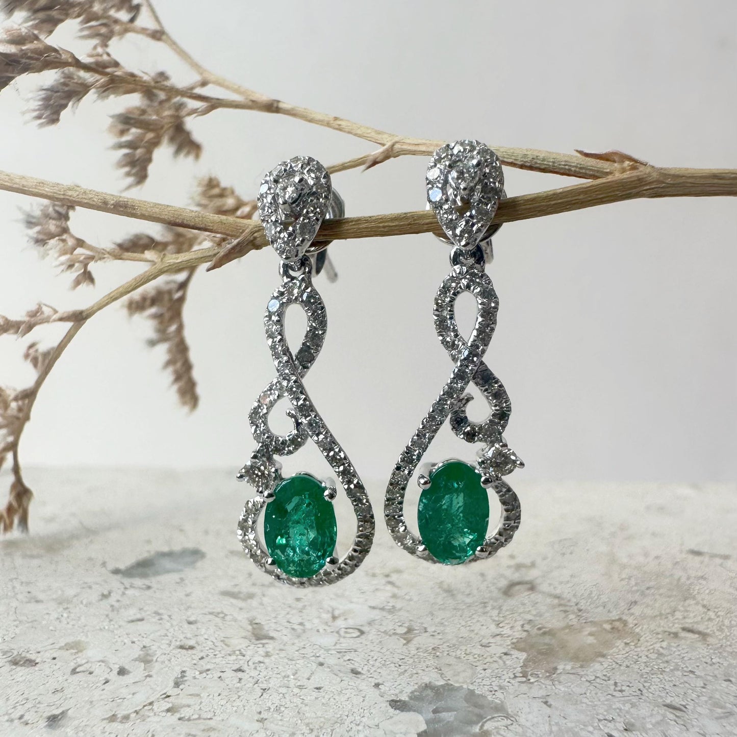 14K Solid White Gold Genuine Diamond and Emerald Dangle Earrings/Pair