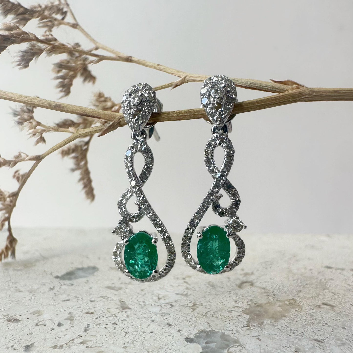 14K Solid White Gold Genuine Diamond and Emerald Dangle Earrings/Pair