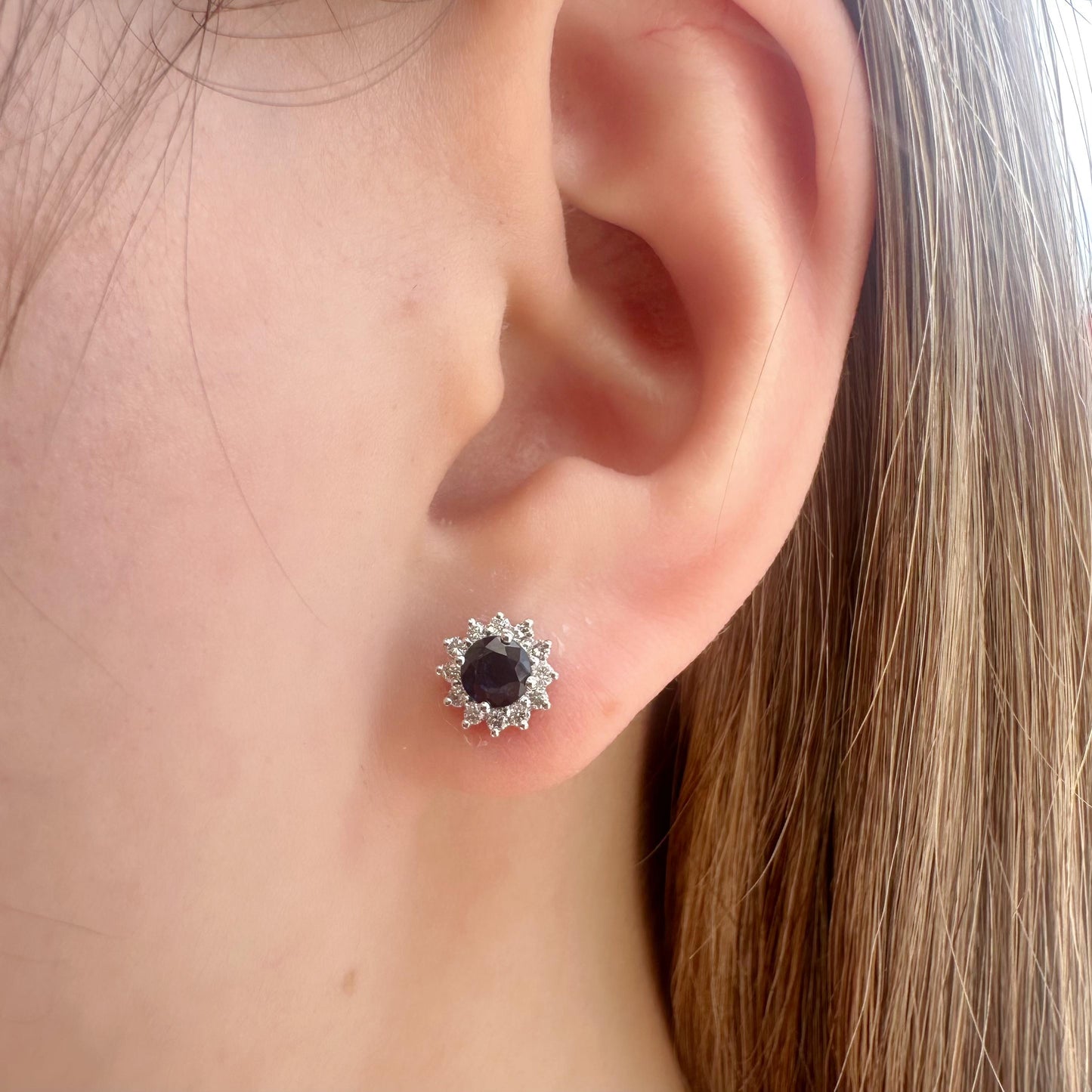 14K Solid Gold Genuine Sapphire and Diamond Sun Studs/Pair