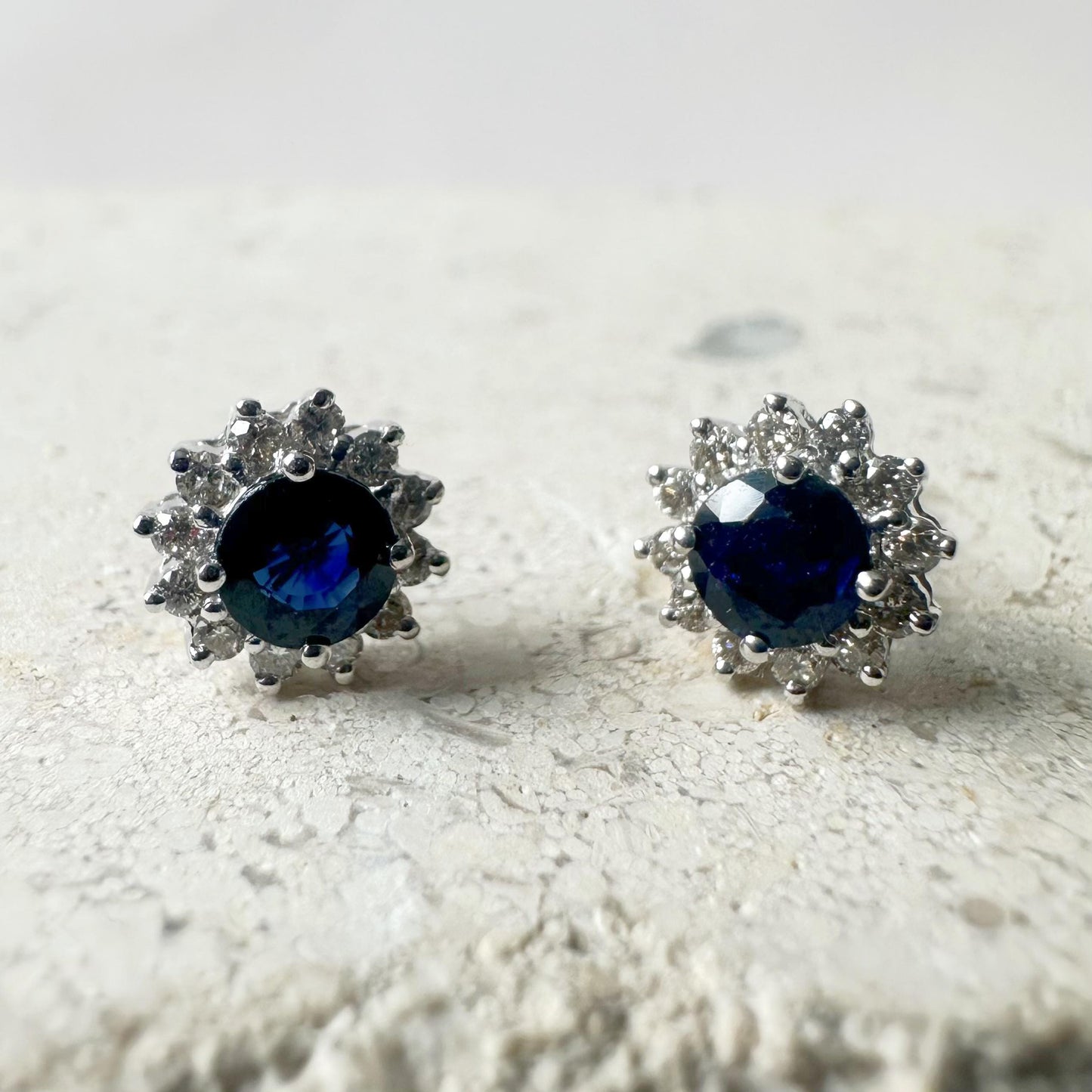 14K Solid Gold Genuine Sapphire and Diamond Sun Studs/Pair