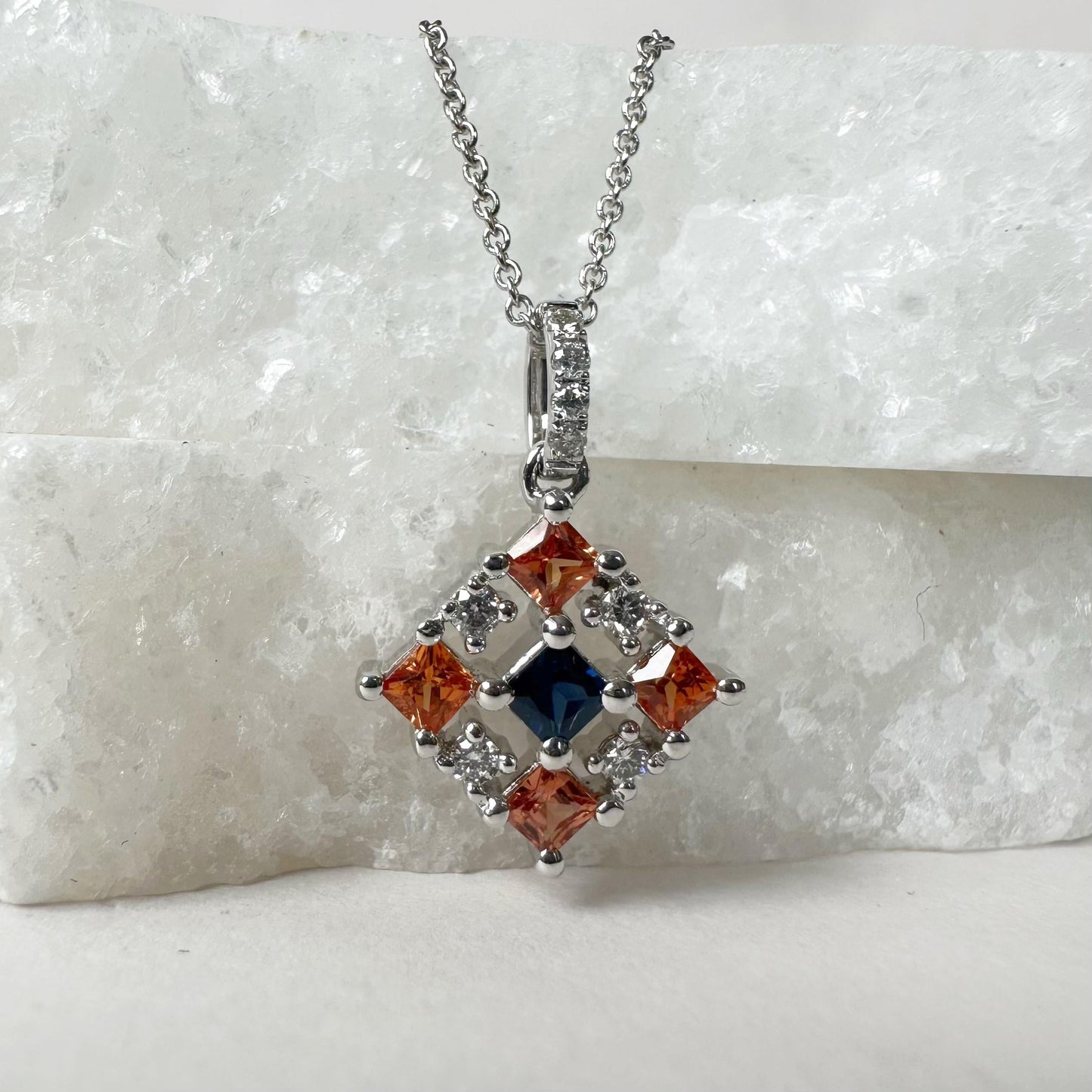 14K Solid Gold Genuine Color Sapphire and Diamond Tetris Pendant