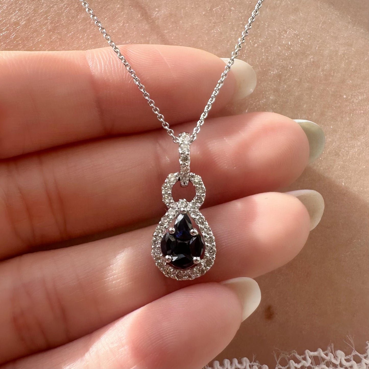 14K Solid White Gold Genuine Sapphire Cluster and Diamond Pendant