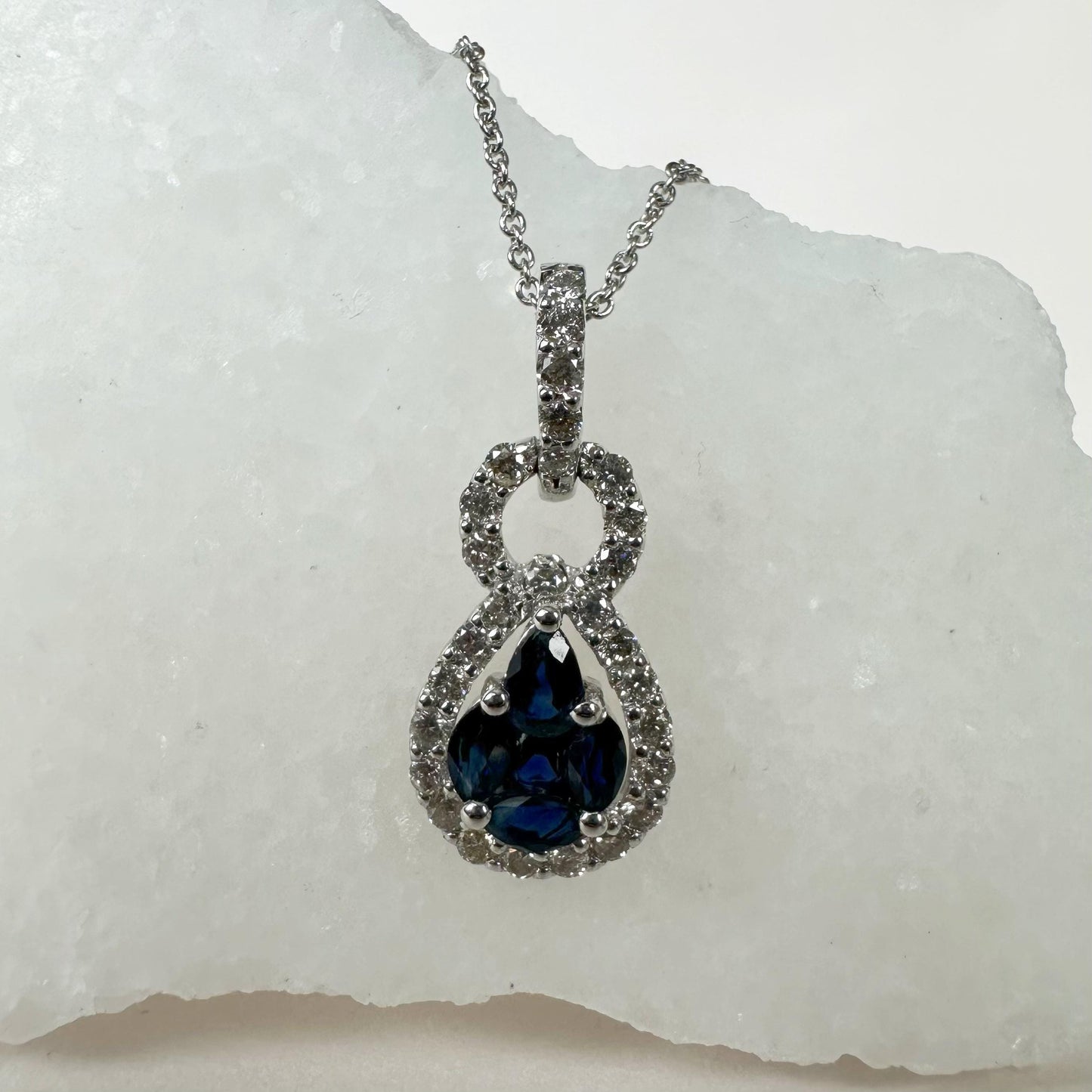 14K Solid White Gold Genuine Sapphire Cluster and Diamond Pendant