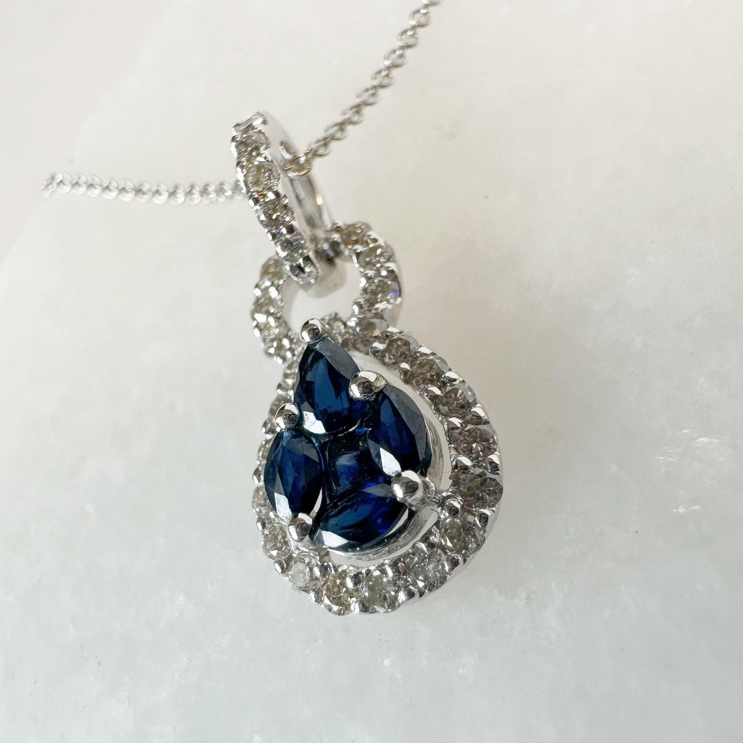 14K Solid White Gold Genuine Sapphire Cluster and Diamond Pendant