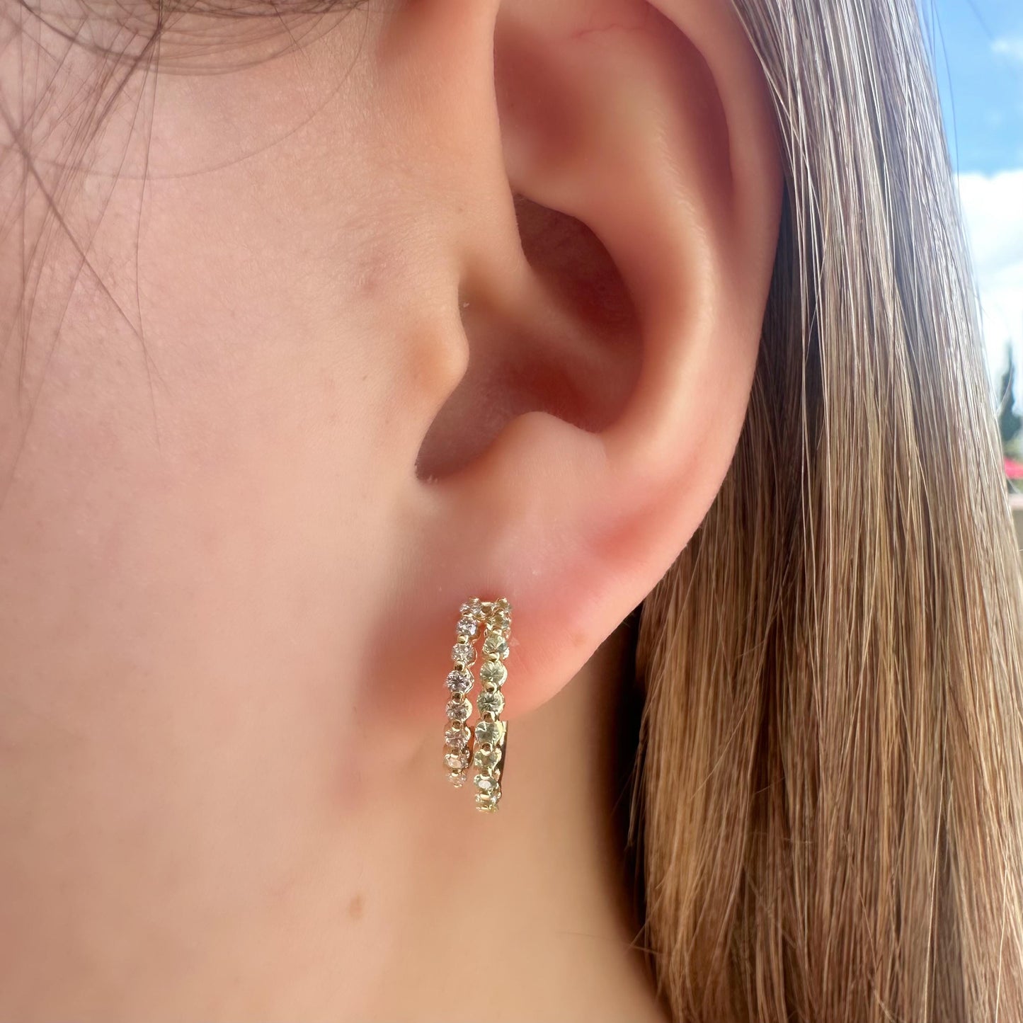 14K Solid Gold Genuine Green Sapphire and Diamond Double Hoops/Pair