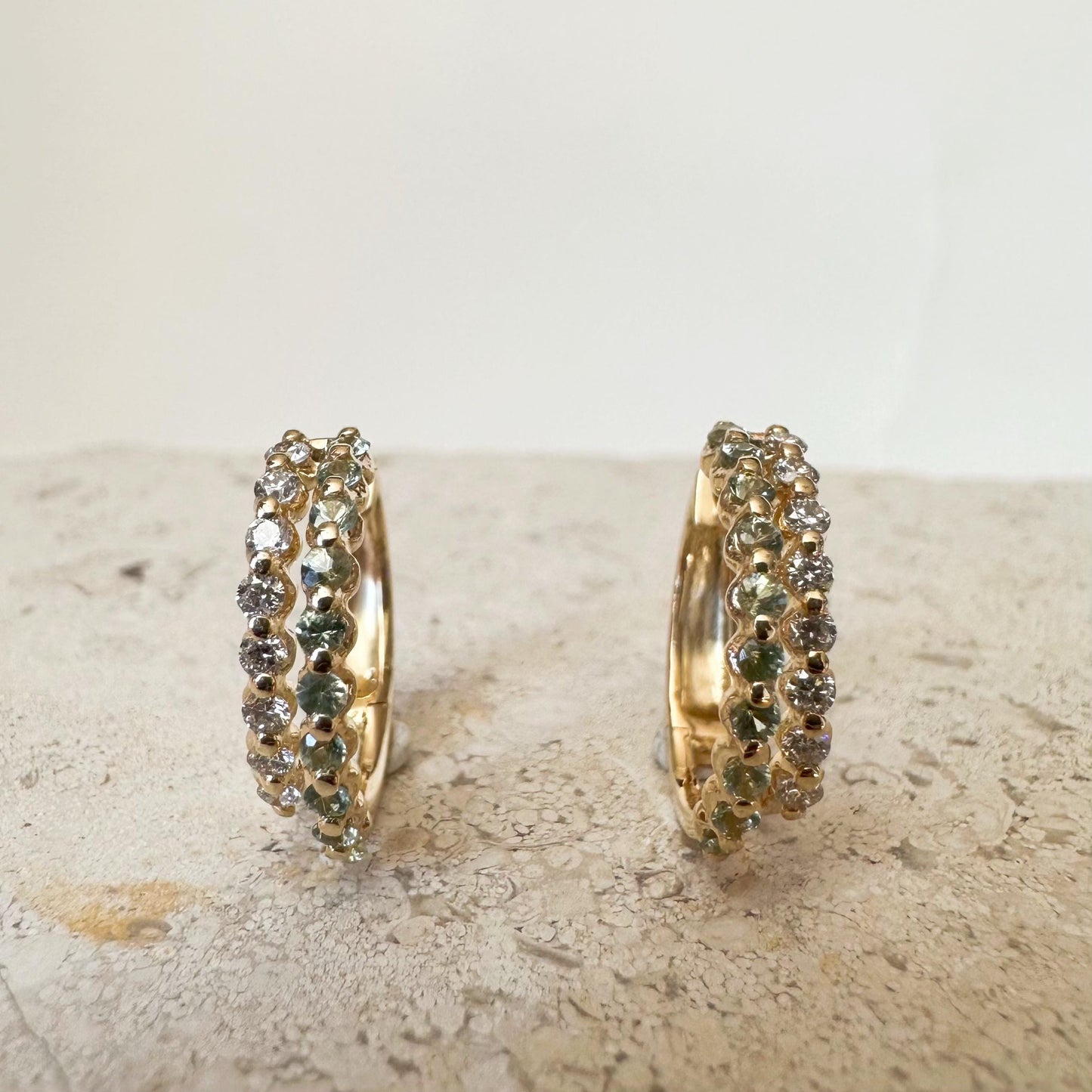 14K Solid Gold Genuine Green Sapphire and Diamond Double Hoops/Pair