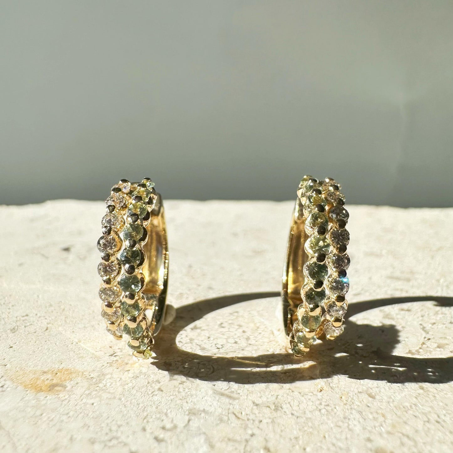14K Solid Gold Genuine Green Sapphire and Diamond Double Hoops/Pair