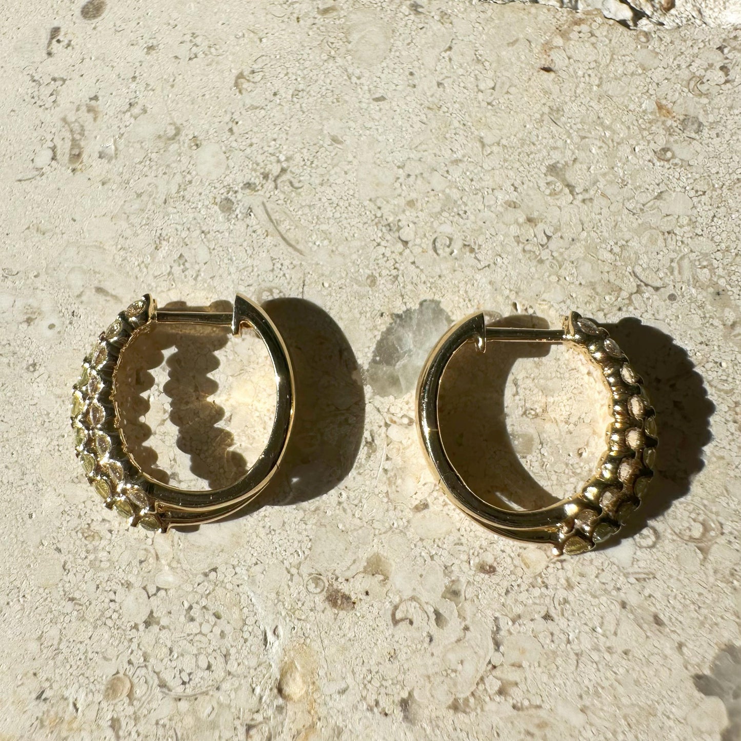 14K Solid Gold Genuine Green Sapphire and Diamond Double Hoops/Pair