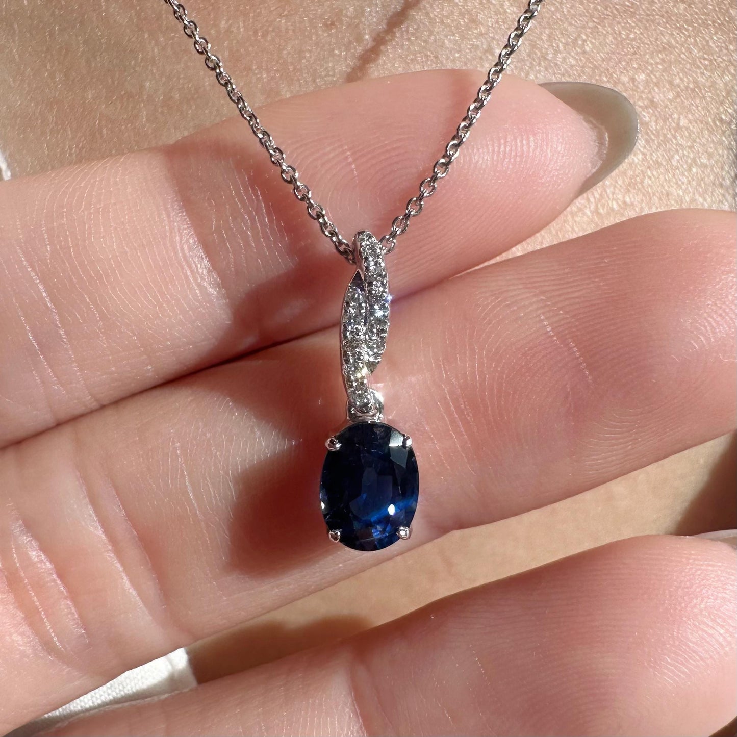 14K Solid White Gold Genuine 1 Carat Sapphire and Diamond Pendant