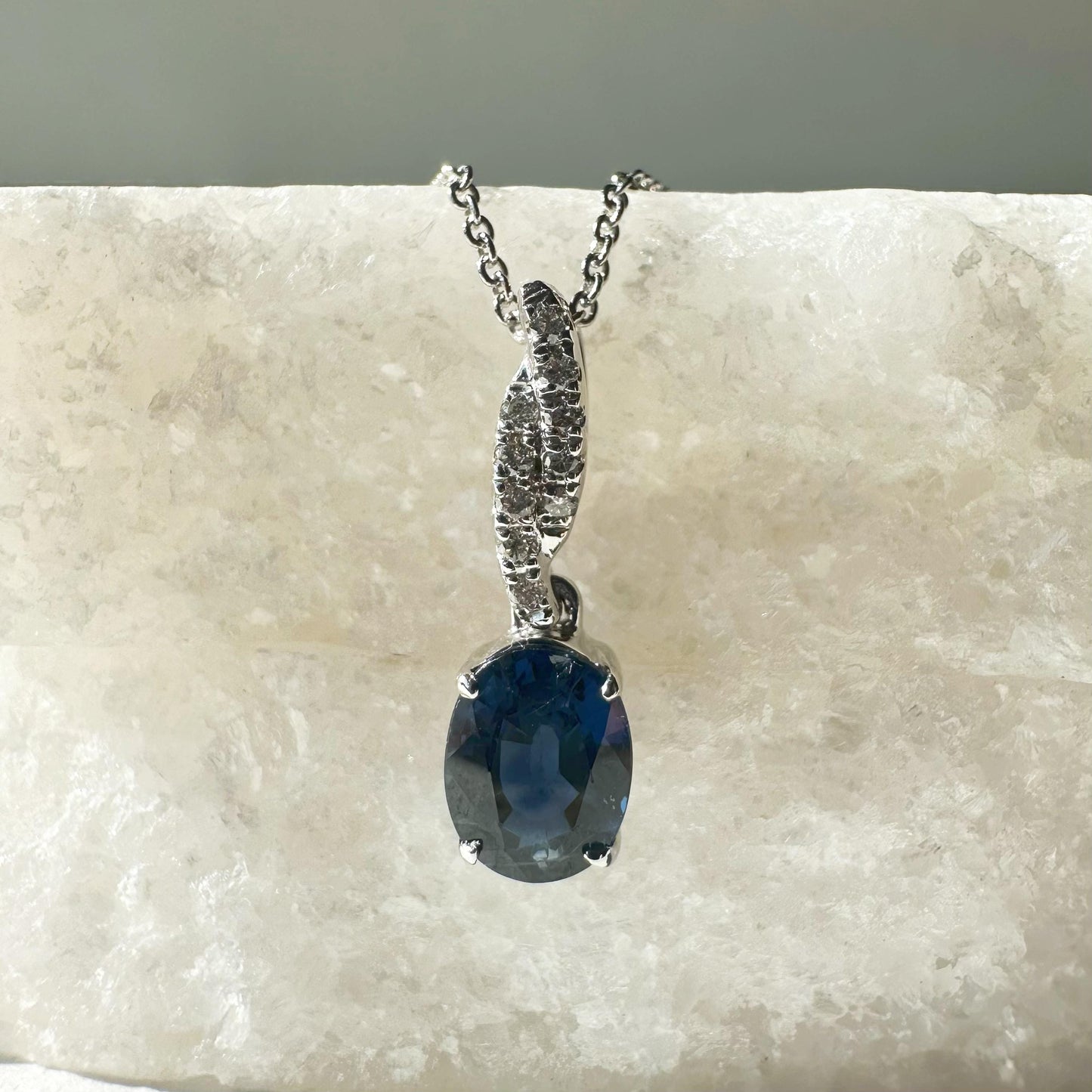 14K Solid White Gold Genuine 1 Carat Sapphire and Diamond Pendant