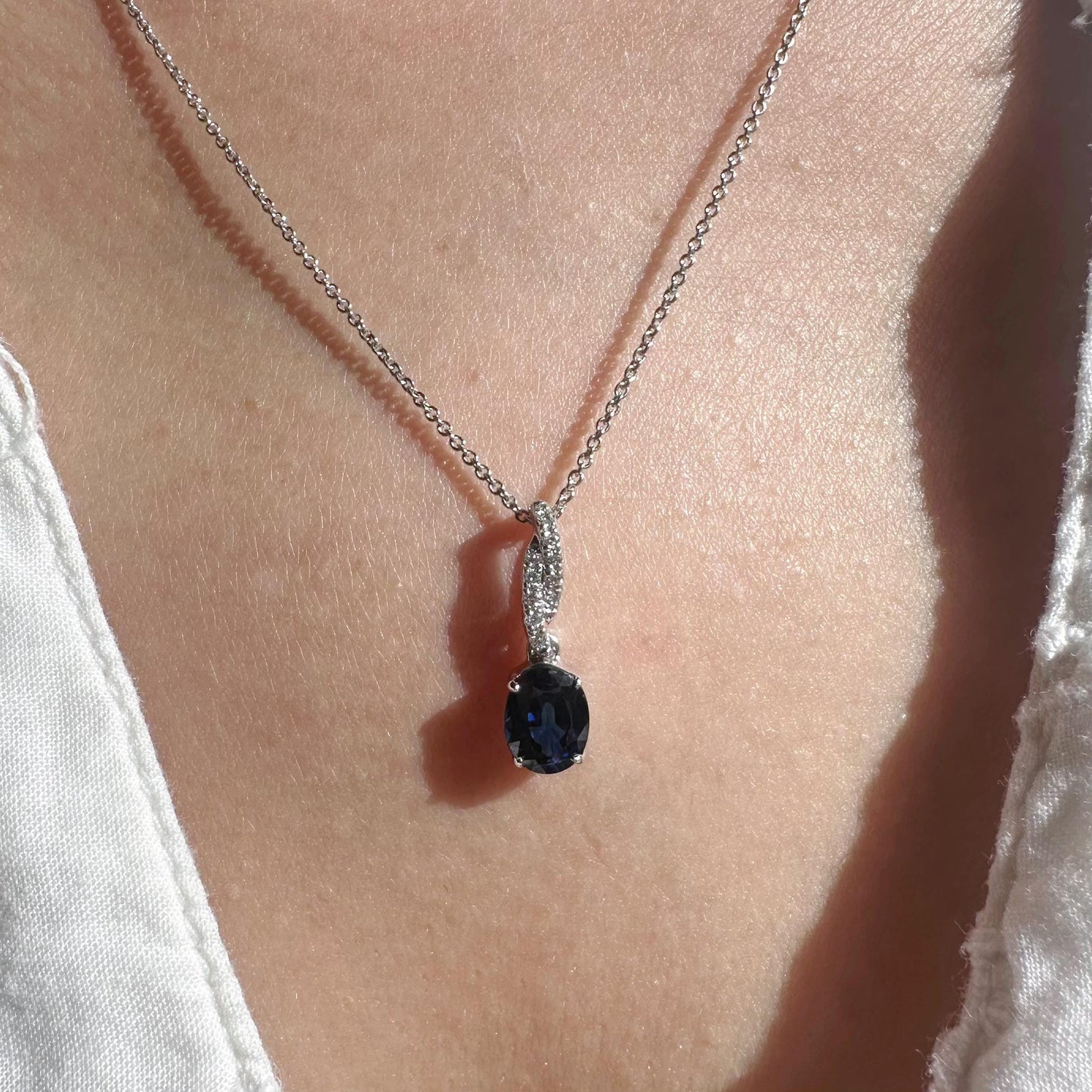 14K Solid White Gold Genuine 1 Carat Sapphire and Diamond Pendant