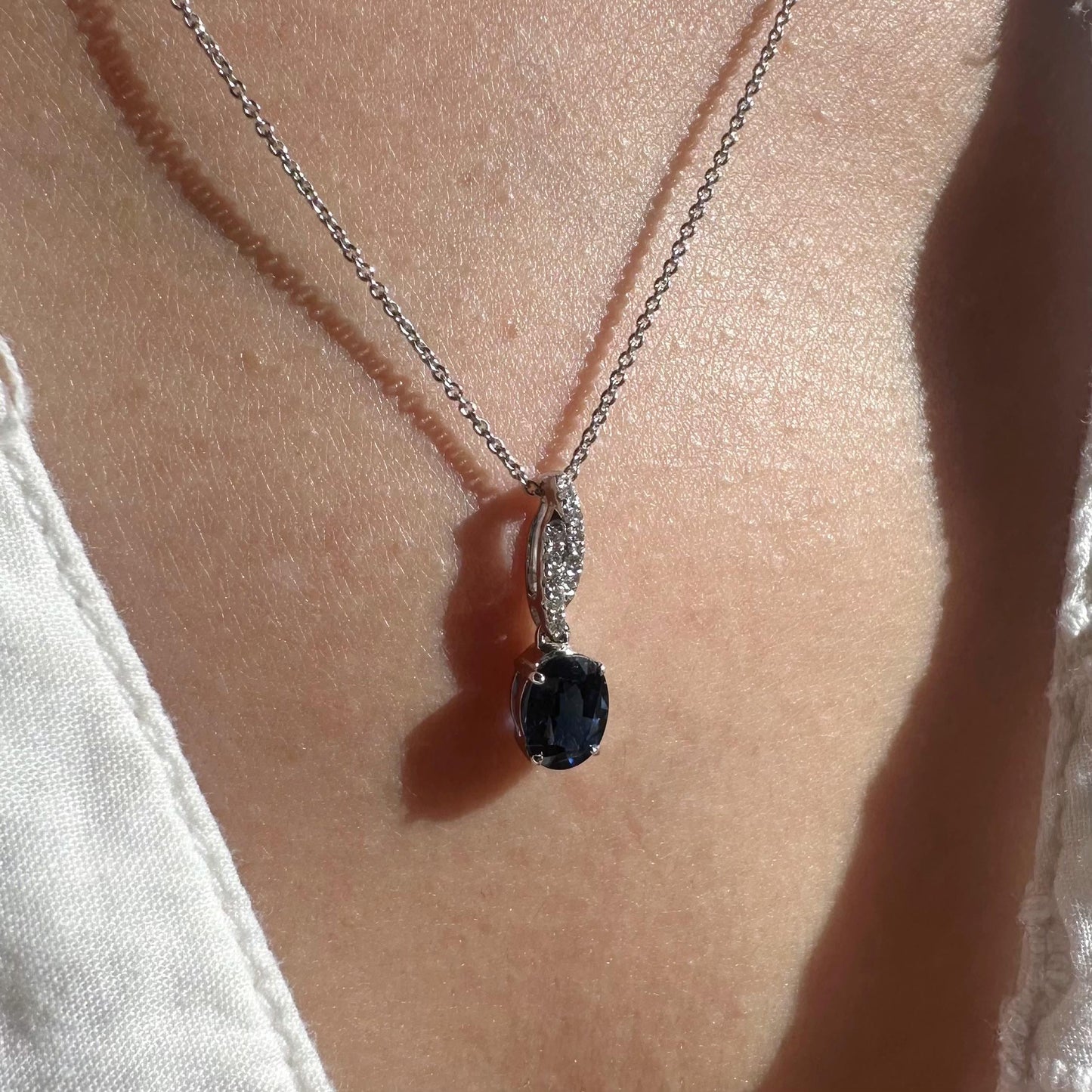14K Solid White Gold Genuine 1 Carat Sapphire and Diamond Pendant
