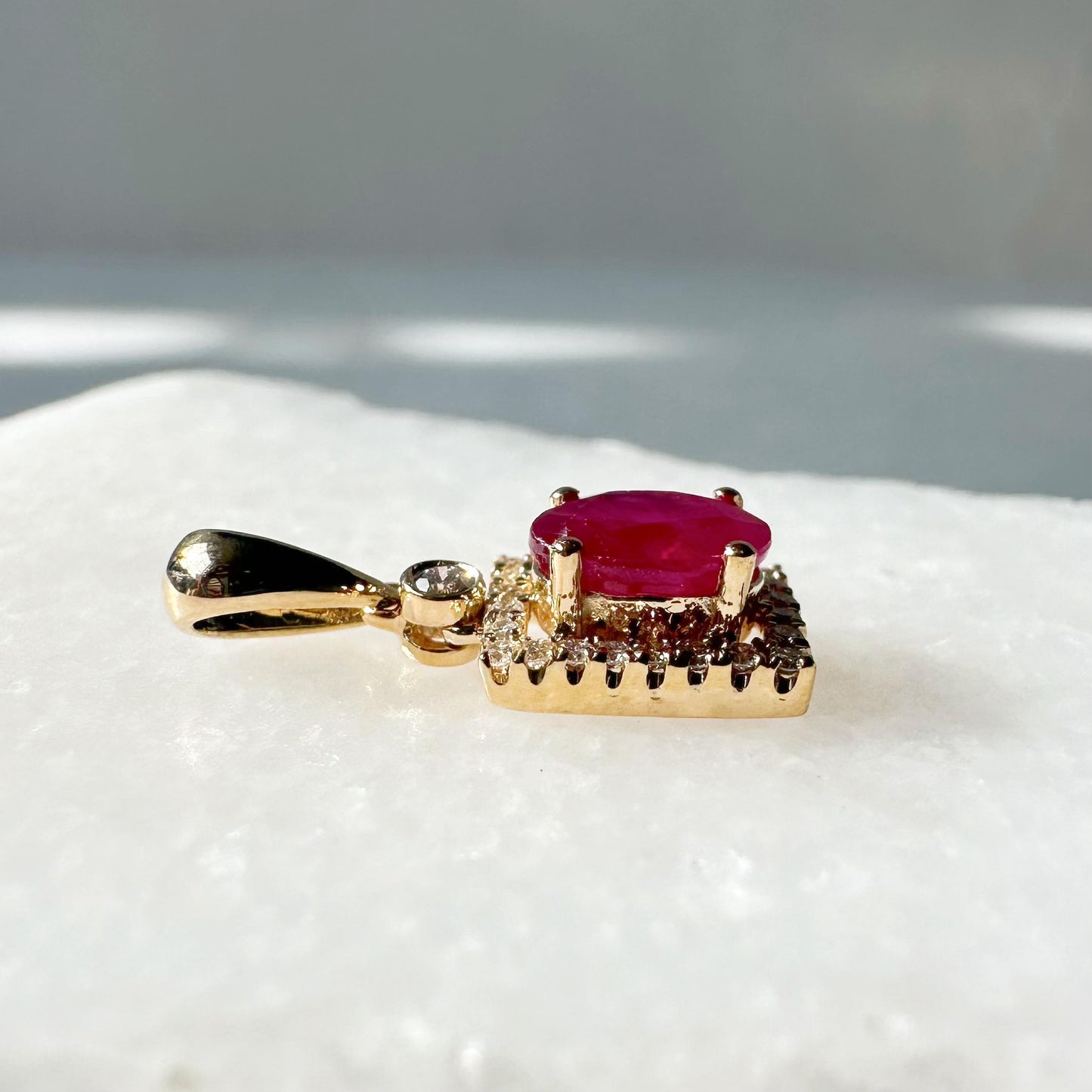 14K Solid Gold Genuine Oval Ruby and Diamond Square Pendant