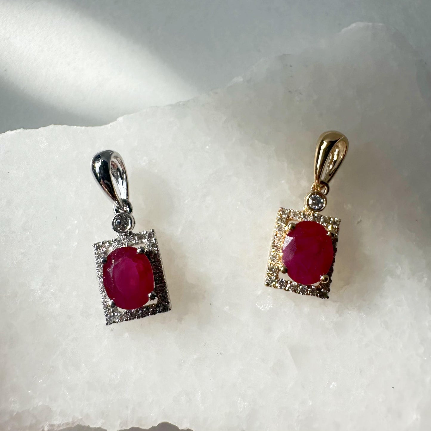 14K Solid Gold Genuine Oval Ruby and Diamond Square Pendant