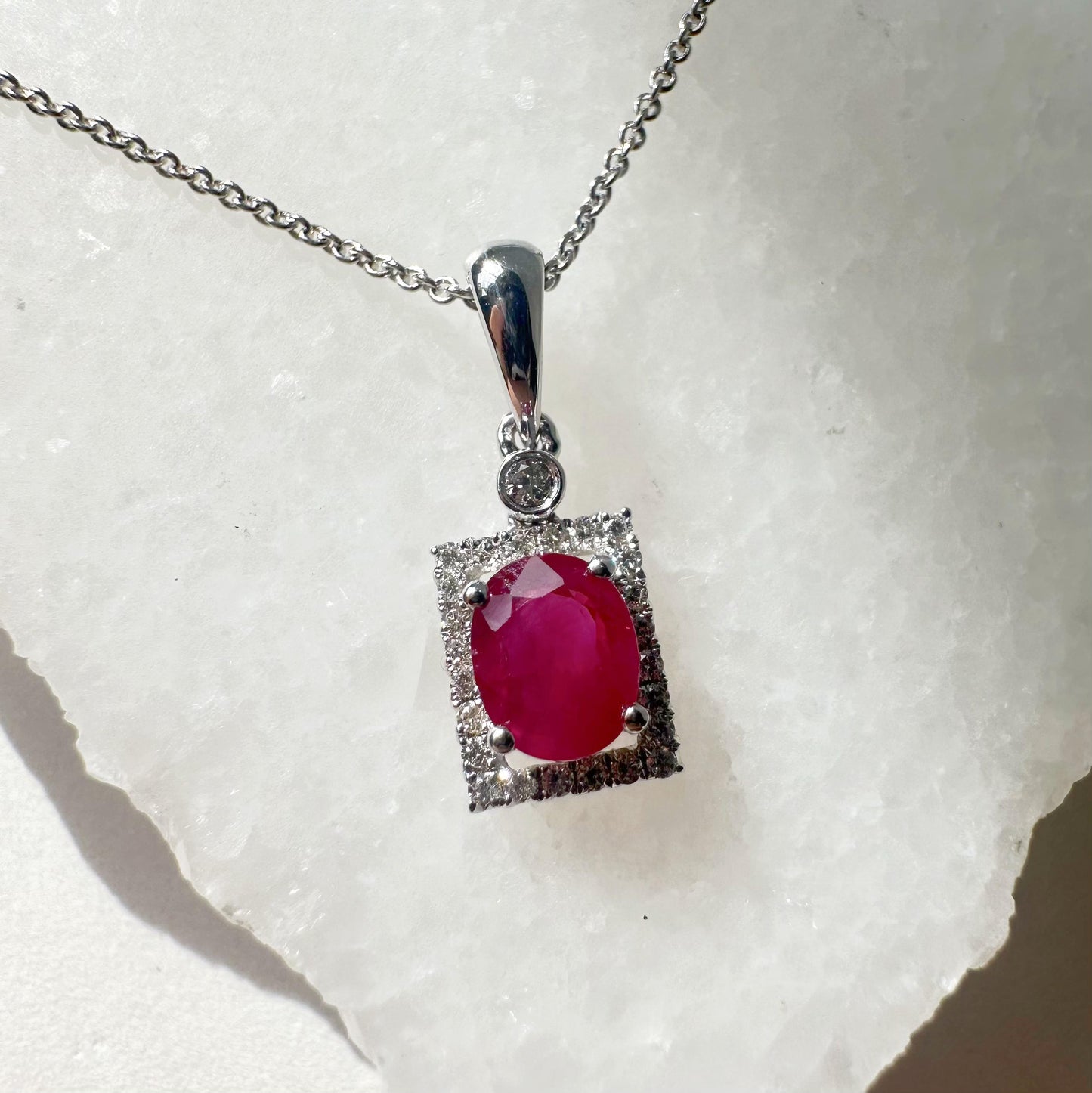 14K Solid Gold Genuine Oval Ruby and Diamond Square Pendant