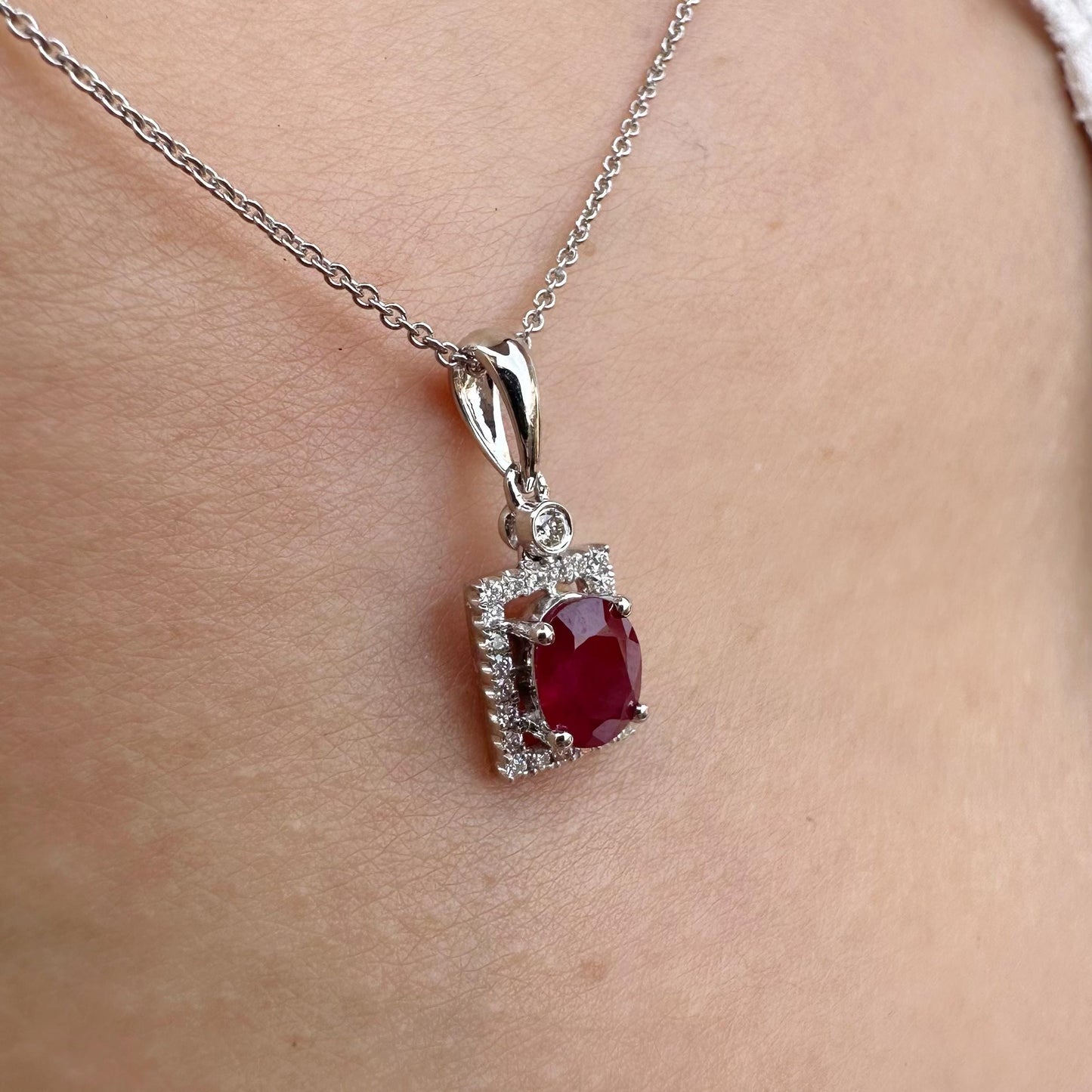 14K Solid Gold Genuine Oval Ruby and Diamond Square Pendant