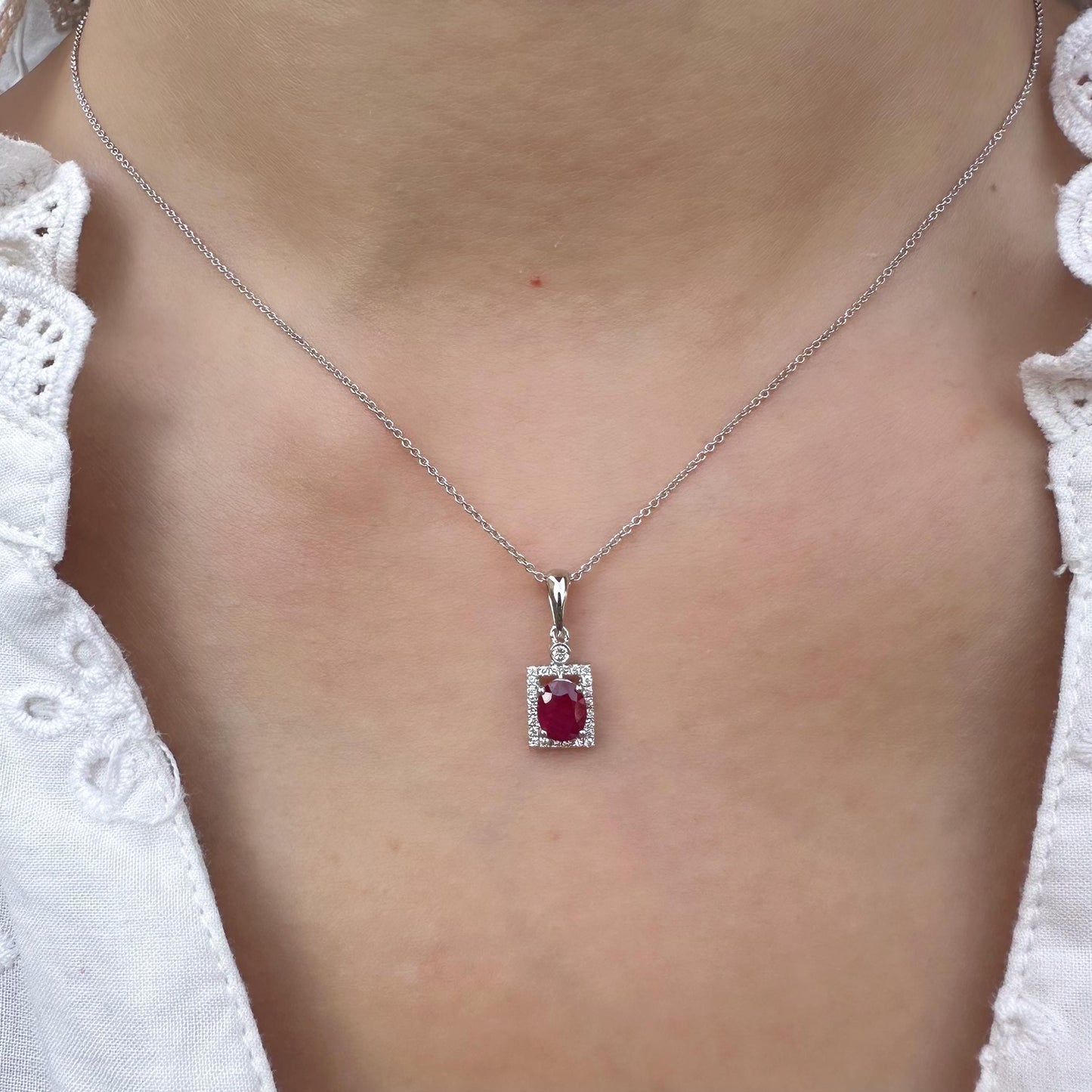 14K Solid Gold Genuine Oval Ruby and Diamond Square Pendant