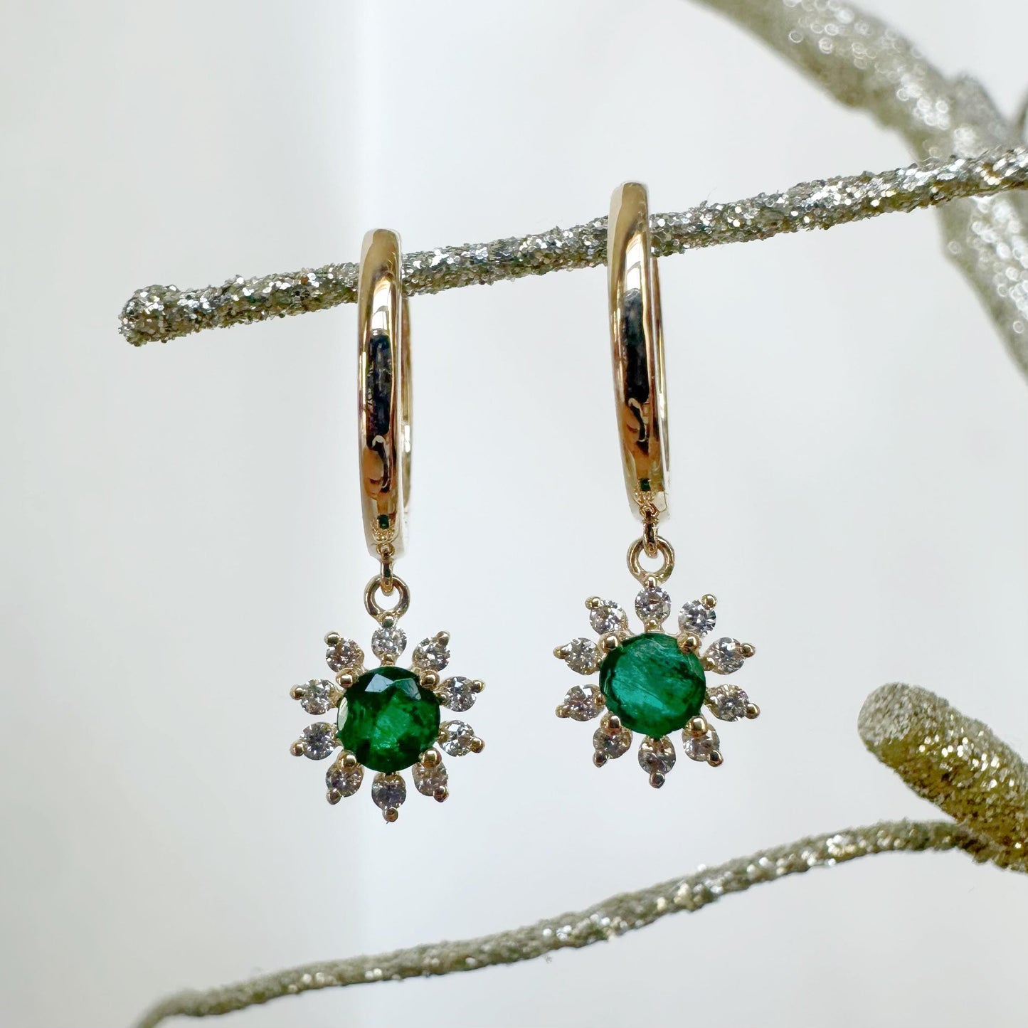 14K Solid Gold Genuine Dangle Diamond and Emerald Sun Hoops
