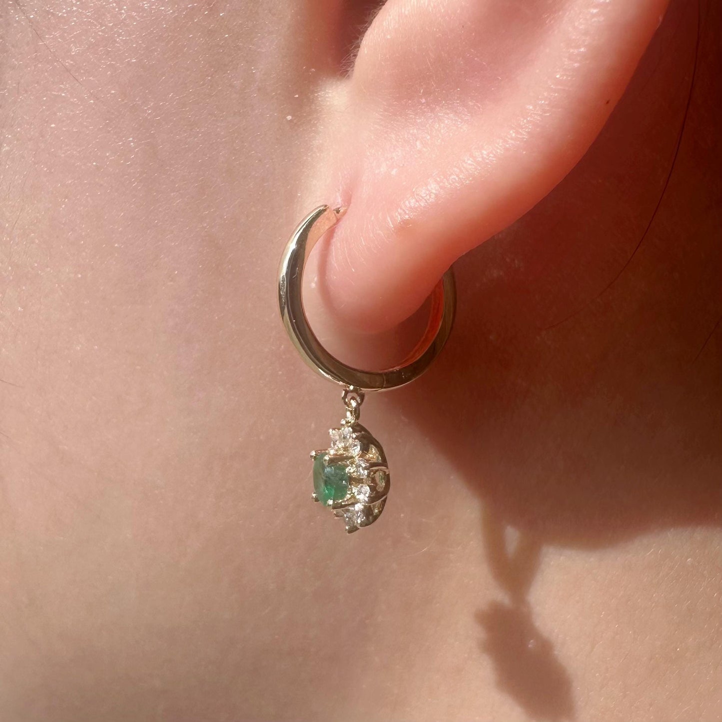 14K Solid Gold Genuine Dangle Diamond and Emerald Sun Hoops