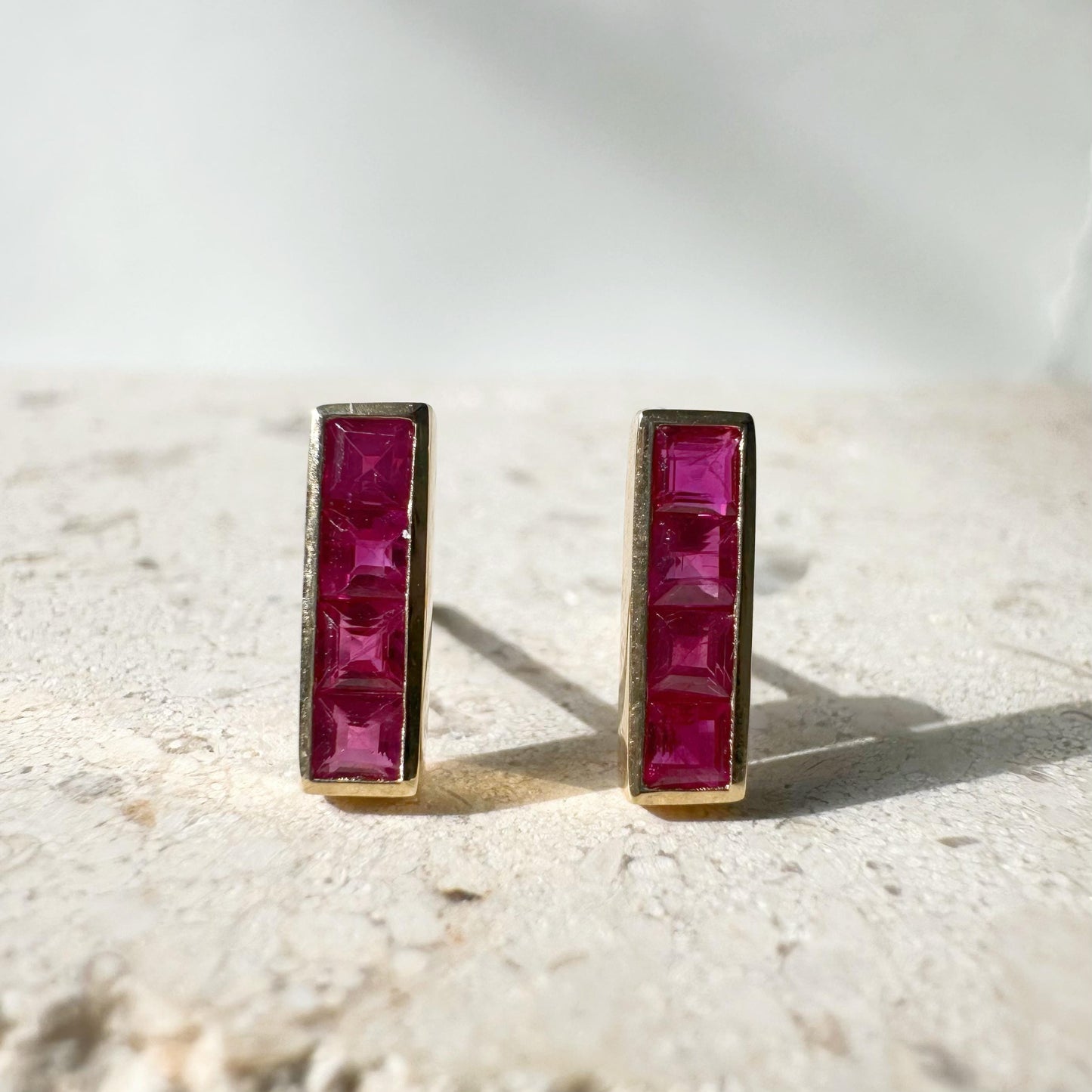 14K Solid Gold Genuine Ruby Bezel Bar Studs/Pair