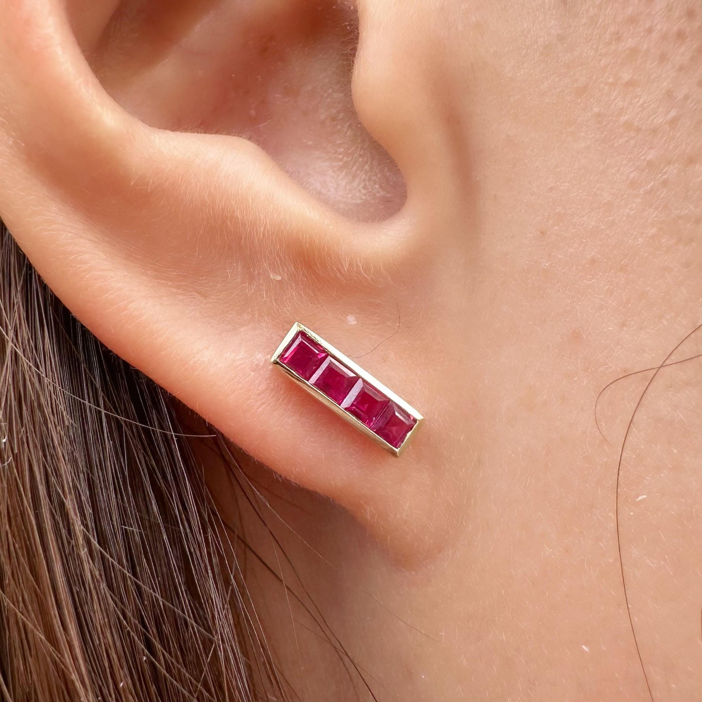 14K Solid Gold Genuine Ruby Bezel Bar Studs/Pair